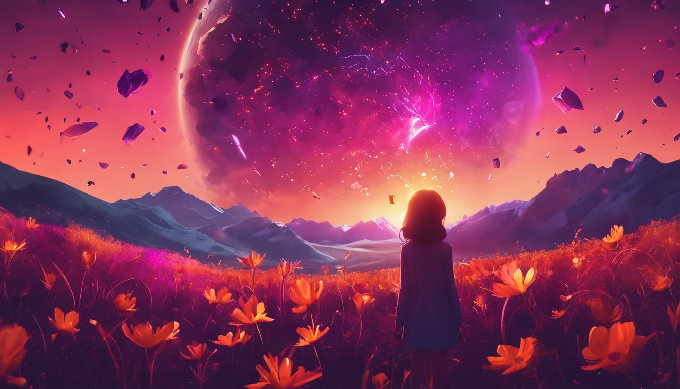 A wide landscape photo, (viewed from below, the sky is above, and the open field is below), a girl standing on a flower field looking up, (full moon: 1.2), (meteor: 0.9), (nebula: 1.3), distant mountains , Trees BREAK Crafting Art, (Warm Light: 1.2), (Firefly: 1.2), Lights, Lots of Purple and Orange, Intricate Details, Volumetric Lighting BREAK (Masterpiece: 1.2), (Best Quality), 4k, Ultra Detailed, (Dynamic Composition: 1.4), Rich in Detail and Color, (Rainbow Color: 1.2), (Glow, Atmospheric Lighting), Dreamy, Magical, (Solo: 1.2)