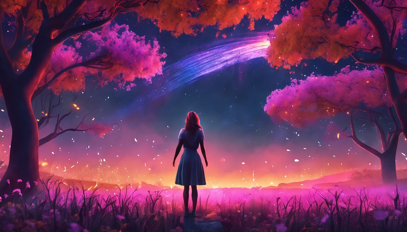 A wide landscape photo, (viewed from below, the sky is above, and the open field is below), a girl standing on a flower field looking up, (full moon: 1.2), (meteor: 0.9), (nebula: 1.3), distant mountains , Trees BREAK Crafting Art, (Warm Light: 1.2), (Firefly: 1.2), Lights, Lots of Purple and Orange, Intricate Details, Volumetric Lighting BREAK (Masterpiece: 1.2), (Best Quality), 4k, Ultra Detailed, (Dynamic Composition: 1.4), Rich in Detail and Color, (Rainbow Color: 1.2), (Glow, Atmospheric Lighting), Dreamy, Magical, (Solo: 1.2)