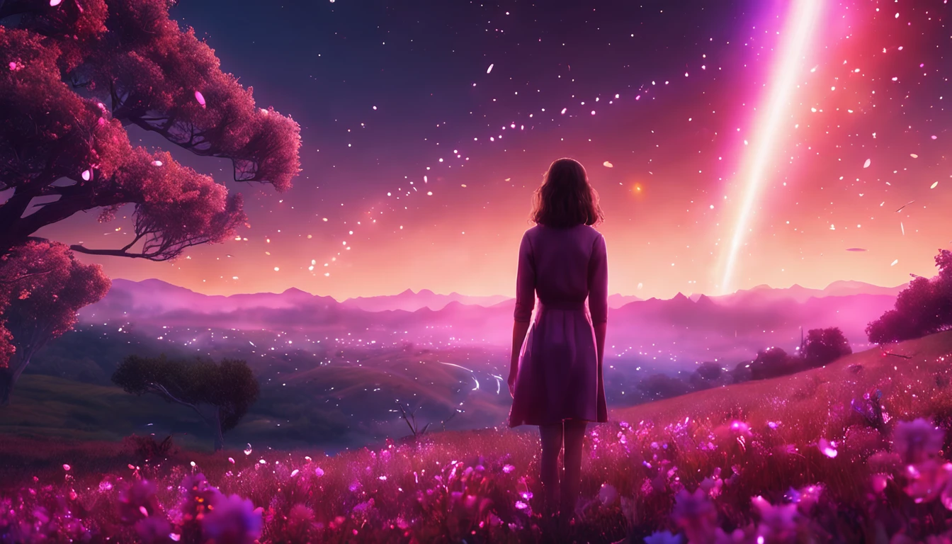 A wide landscape photo, (viewed from below, the sky is above, and the open field is below), a girl standing on a flower field looking up, (full moon: 1.2), (meteor: 0.9), (nebula: 1.3), distant mountains , Trees BREAK Crafting Art, (Warm Light: 1.2), (Firefly: 1.2), Lights, Lots of Purple and Orange, Intricate Details, Volumetric Lighting BREAK (Masterpiece: 1.2), (Best Quality), 4k, Ultra Detailed, (Dynamic Composition: 1.4), Rich in Detail and Color, (Rainbow Color: 1.2), (Glow, Atmospheric Lighting), Dreamy, Magical, (Solo: 1.2)