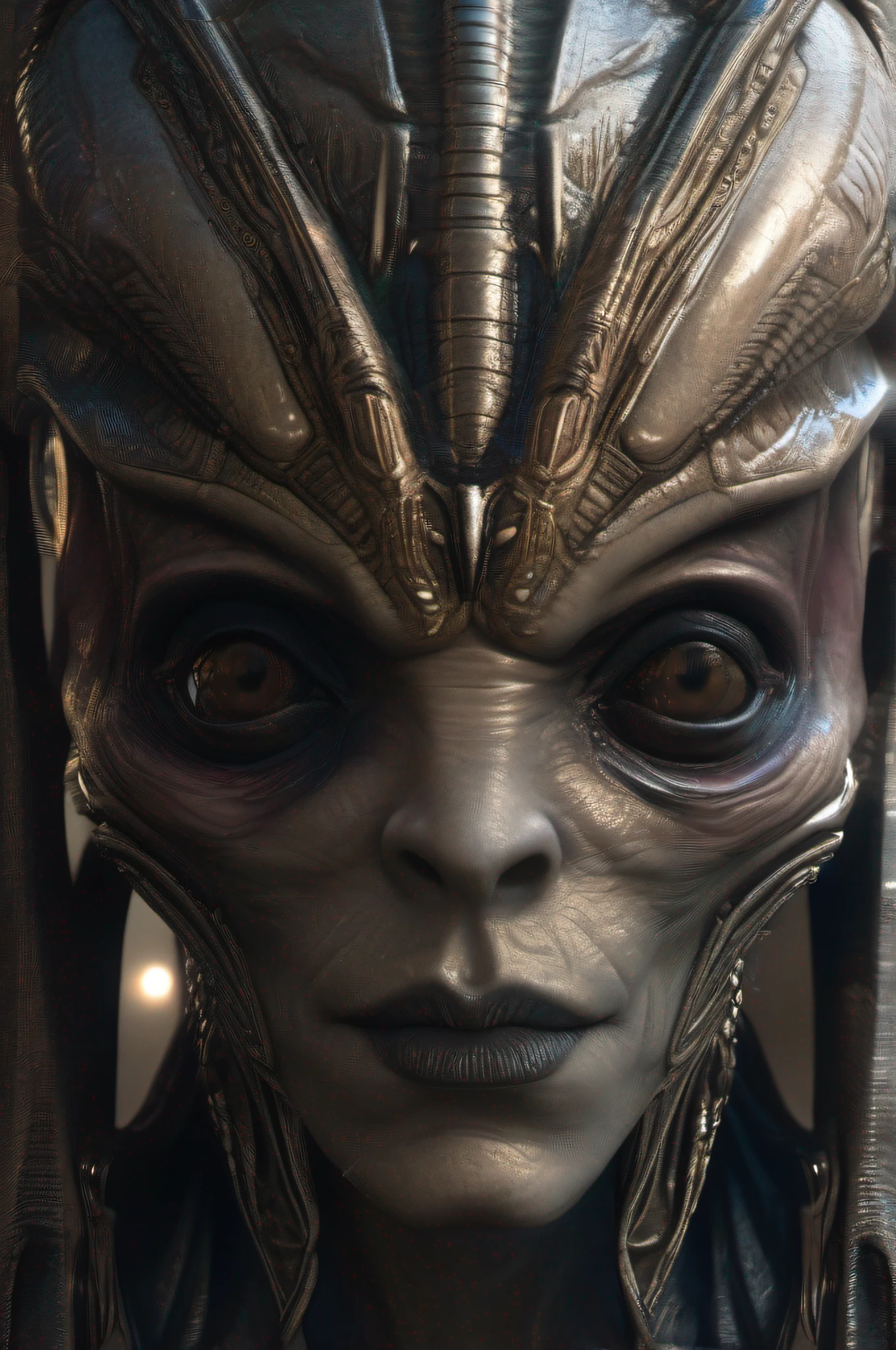 Portrait of an alien face, Front view, hiper realista, hiper detailled, Full HD, 4k, higher definition