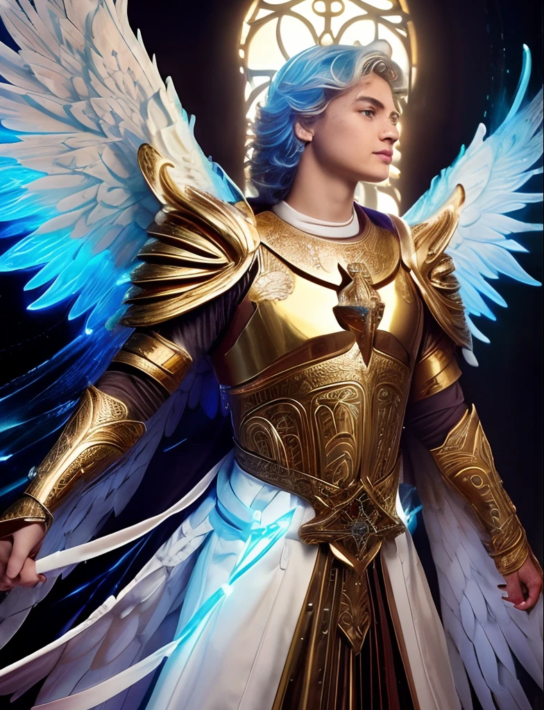 (((SAINT MICHAEL ARCHANGEL. 19 years old))) ((( Con una cara seria y piadosa. Con una mirada dulce y tierna))) (obra maestra, calidad superior, mejor calidad, arte oficial, beautiful and aesthetic: 1.2), (1girl), extremadamente detallado, (Arte fractal: 1.3), colorido, highest detailed, Cara perfecta, parte superior del cuerpo, HDR, (orando: 1.3), (golden lines of white coat: 1.2), galaxia, (rayas de luz), eye-catching visuals, (dynamic stripes, senderos luminosos: 1.2), colores vibrantes,