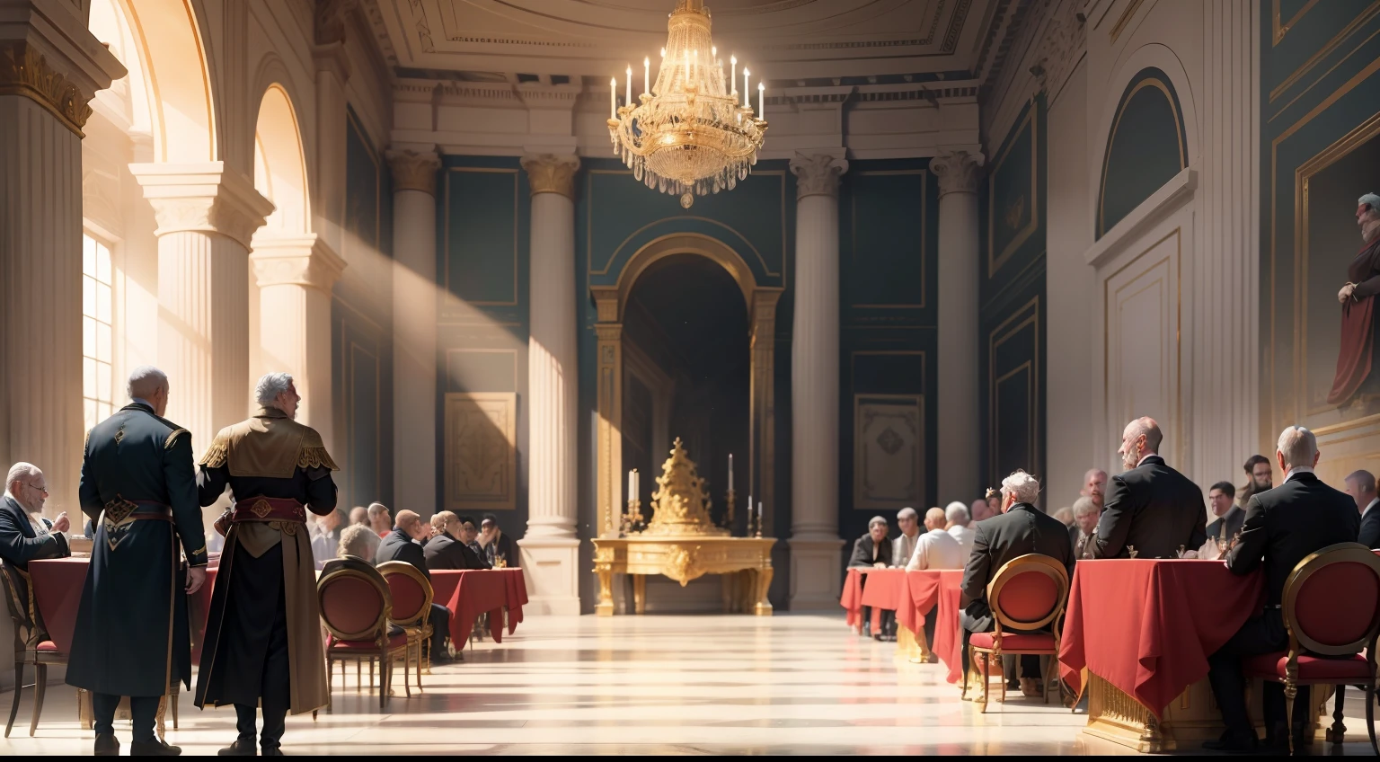 A sumptuous Roman palace serves as the setting for the confrontation between an old man and the emperor, several people in the crowd. The serious faces of the two men reflect the clash between secular authority and spiritual leadership