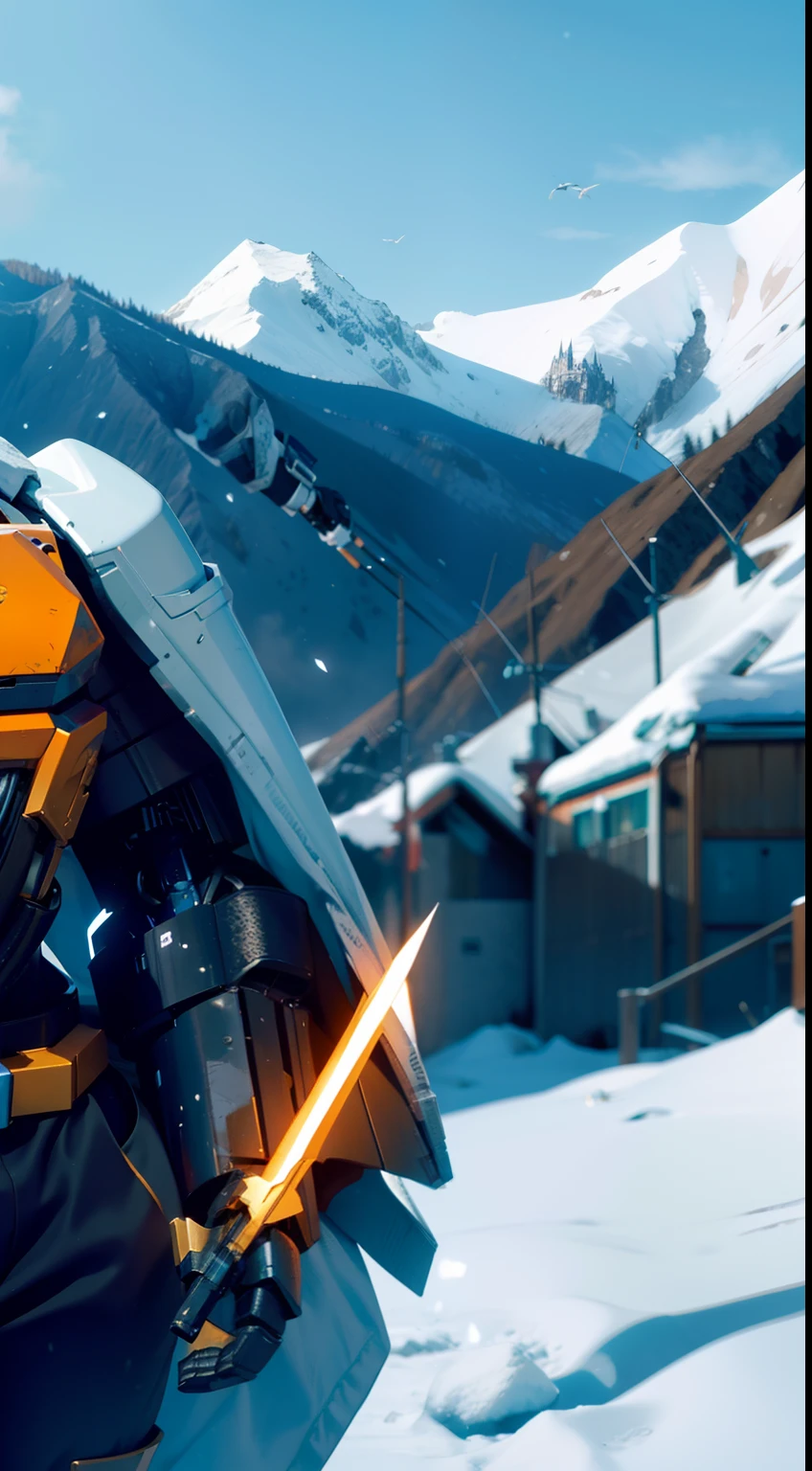 Gemini，Humanoid mech，Two mechs，Evil and good，holds a spear，There are two mechs in the picture，Snow-capped mountains in the background