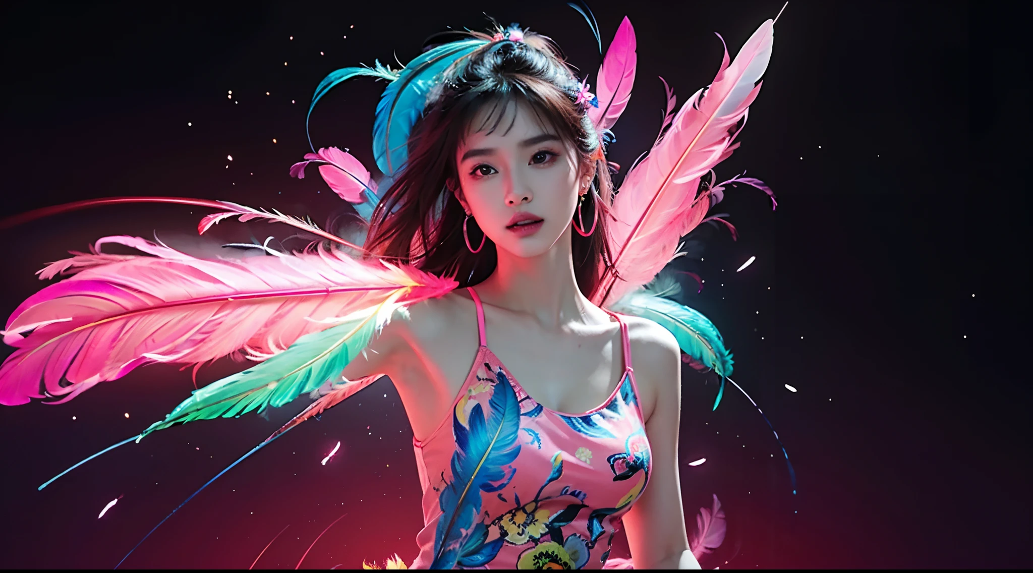 masterpiece, top quality, best quality, neon official art, beautiful and aesthetic:1.2), beutiful chines women bai lu(1girl:1.3), extremely detailed,(fractal art:1.1 neon ),(colorful:1.1 neon)(flowers:1.3 neon ),highest detailed,(zentangle neon:1.2), (dynamic pose), (abstract neon background neon:1.3), (shiny skin), (many colors:1.4 neon )full hd, ,(earrings), (feathers:1.5) , (Flamethrower:1.3),neon red background neon ,Phoenix dress neon,Neon,full HD