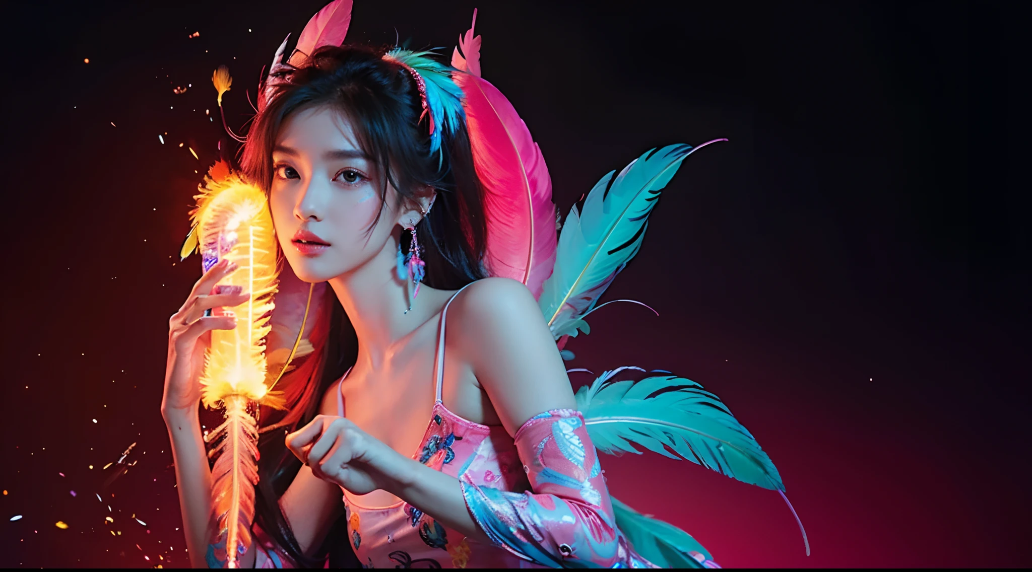 masterpiece, top quality, best quality, neon official art, beautiful and aesthetic:1.2), beutiful chines women bai lu(1girl:1.3), extremely detailed,(fractal art:1.1 neon ),(colorful:1.1 neon)(flowers:1.3 neon ),highest detailed,(zentangle neon:1.2), (dynamic pose), (abstract neon background neon:1.3), (shiny skin), (many colors:1.4 neon )full hd, ,(earrings), (feathers:1.5) , (Flamethrower:1.3),neon red background neon ,Phoenix dress neon,Neon,full HD