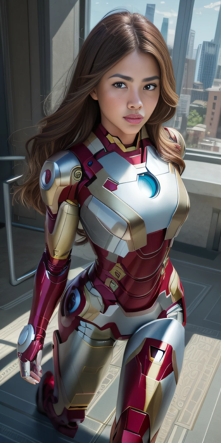 Teenage girl face with sofia vergara face, 4k realistic perfect skin, beautiful, ((iron man costume))((brown hair))