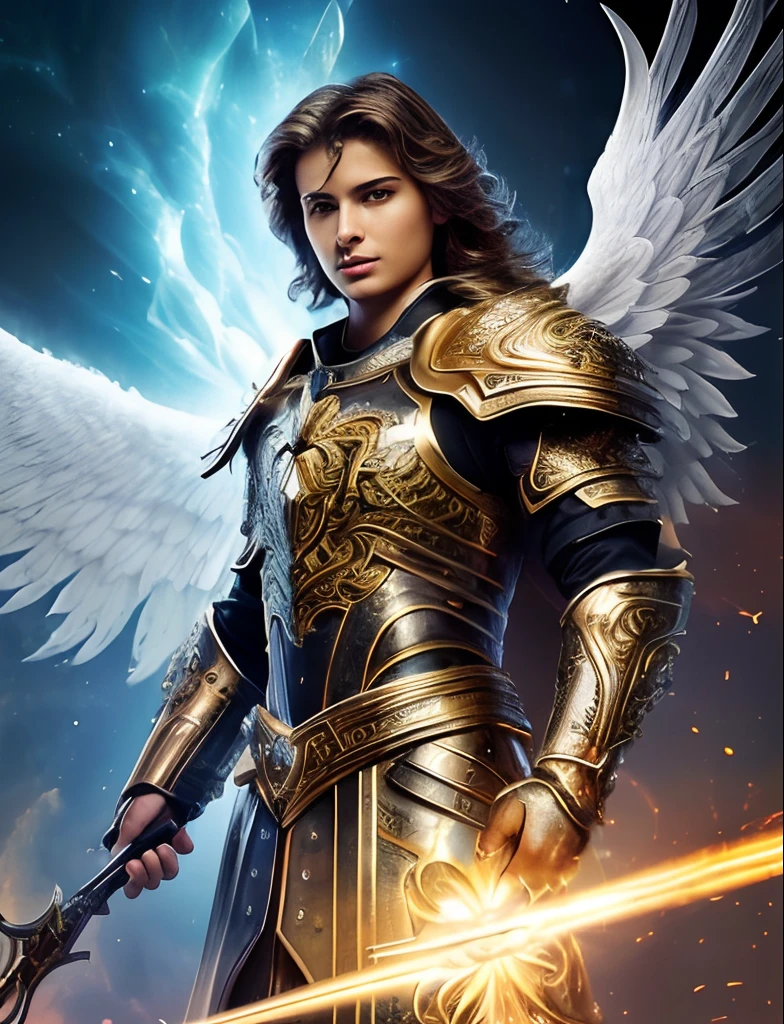 (((SAINT MICHAEL ARCHANGEL. 19 years old))) ((( Con una cara seria y piadosa. Con una mirada dulce y tierna))) (obra maestra, calidad superior, mejor calidad, arte oficial, beautiful and aesthetic: 1.2), (1girl), extremadamente detallado, (Arte fractal: 1.3), colorido, highest detailed, Cara perfecta, parte superior del cuerpo, HDR, (orando: 1.3), (golden lines of white coat: 1.2), galaxia, (rayas de luz), eye-catching visuals, (dynamic stripes, senderos luminosos: 1.2), colores vibrantes,