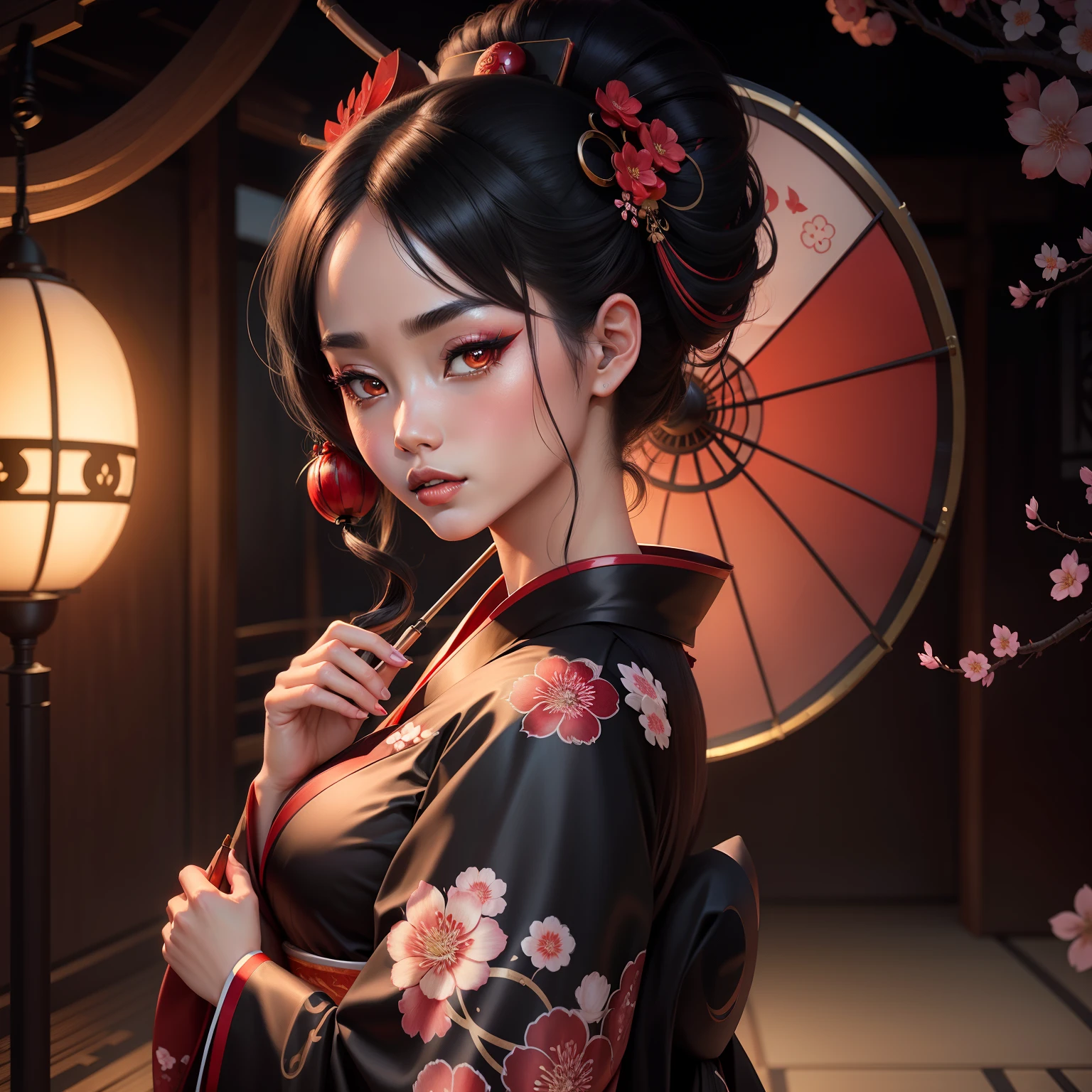 Seductive geisha, wear black kimono, black hair, red moon, brown skinned complexion, cherry blossom on hair, 4k, almond eyes, big lip, logo