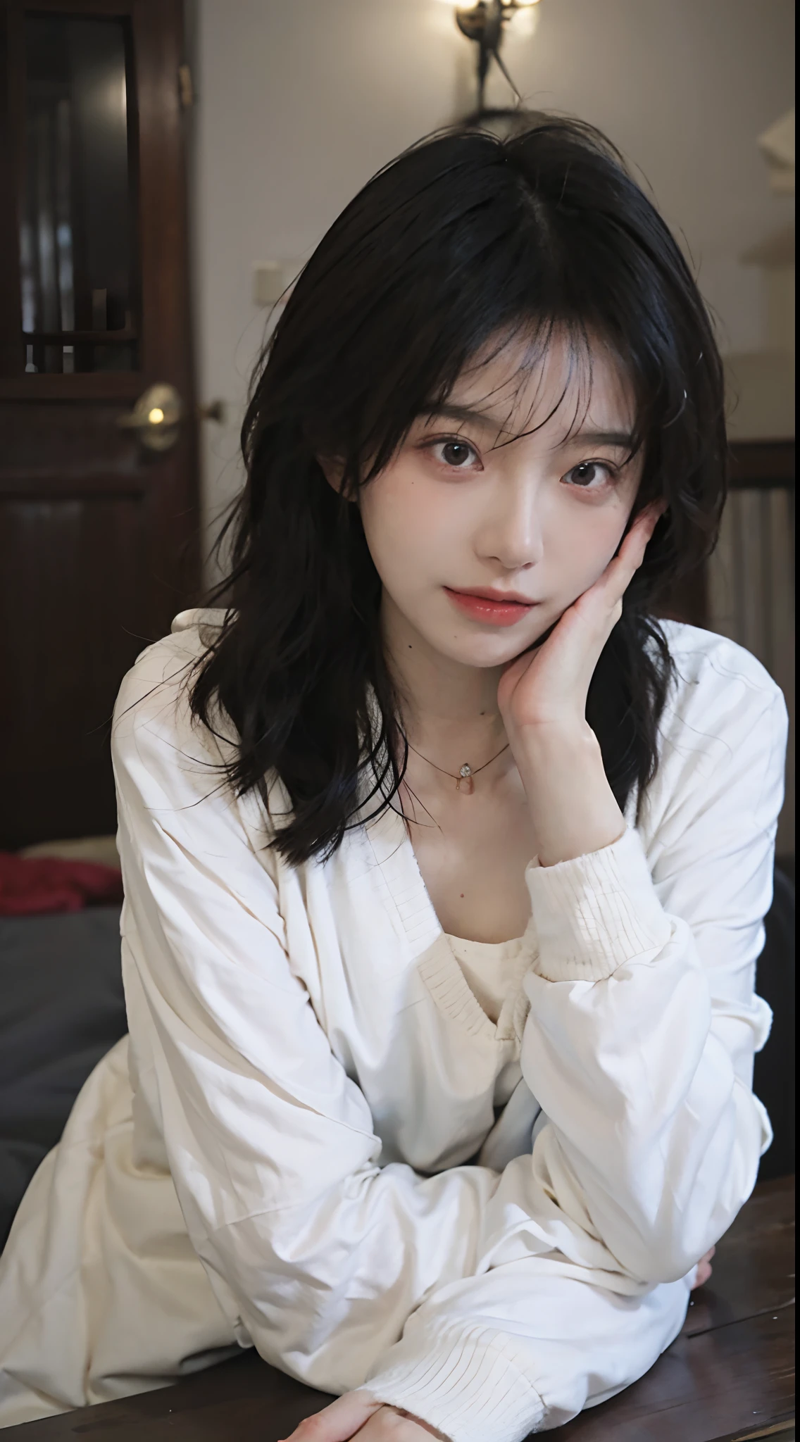 best qualtiy, 超高分辨率, (realisticlying:1.4),cute hairpin,1girll,Red long-haired,Quartered sweater ,Beautiful woman with a slim figure:1.4, Pronounced abs,On the island,Ultra-fine face,Elaborate Eyes,二重まぶた,choker necklace
