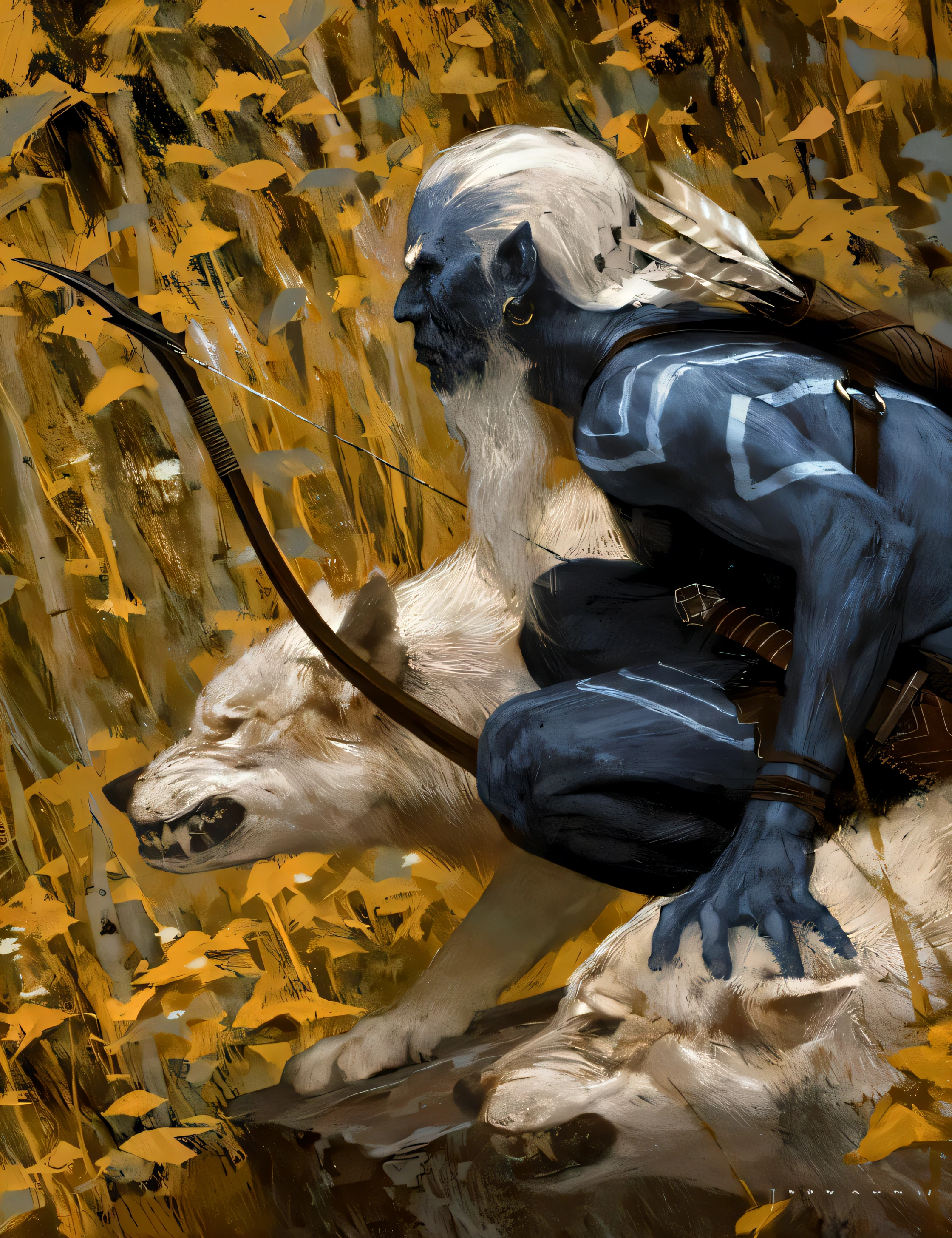 pintura de um homem com um arco e uma cabra em um campo, elfo de pele azul, um lobo minotauro, Ranger Drow, Retrato de Drizzt Do'Urden, Tiefling azul, Drow, elfo azul, arte de fantasia de alta qualidade, d & d pintura digital, inspirado em Gregory Manchess, high fantasy illustration, arte digital dnd fantasy, ((musculatura realista, cabelos e pelos realistas, pele realista, realistic vegetation))