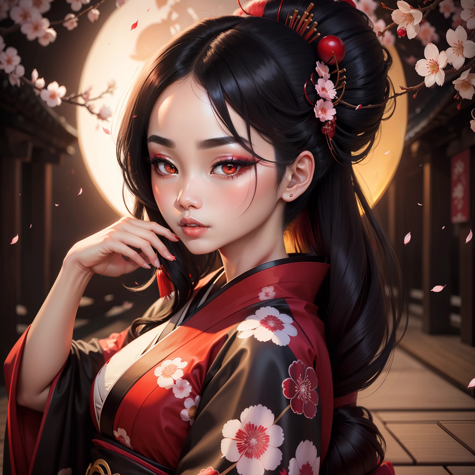Seductive geisha, wear black kimono, black hair, red moon, brown skinned complexion, cherry blossom on hair, 4k, almond eyes, big lip, logo