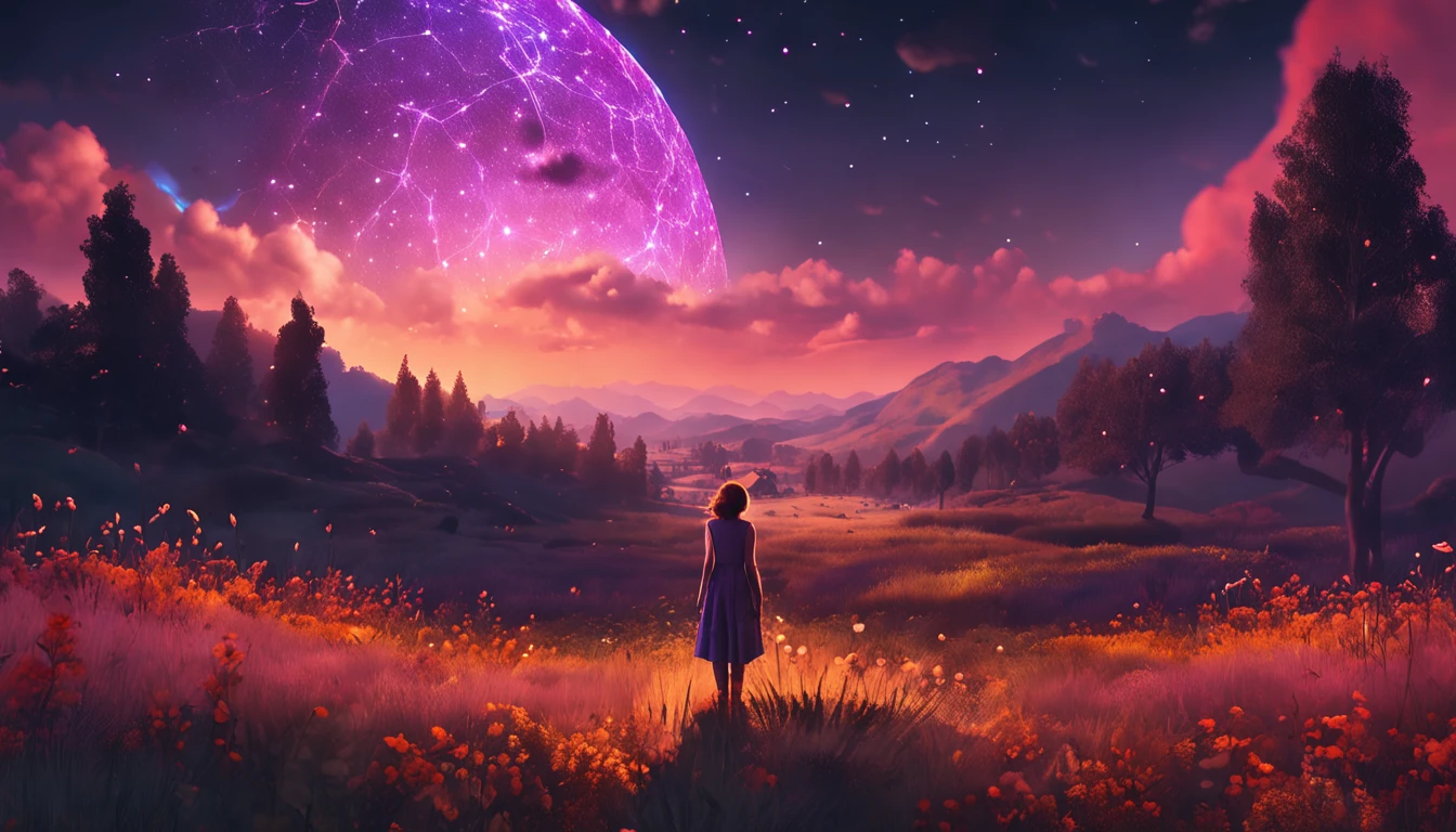 A wide landscape photo, (viewed from below, the sky is above, and the open field is below), a girl standing on a flower field looking up, (full moon: 1.2), (meteor: 0.9), (nebula: 1.3), distant mountains , Trees BREAK Crafting Art, (Warm Light: 1.2), (Firefly: 1.2), Lights, Lots of Purple and Orange, Intricate Details, Volumetric Lighting BREAK (Masterpiece: 1.2), (Best Quality), 4k, Ultra Detailed, (Dynamic Composition: 1.4), Rich in Detail and Color, (Rainbow Color: 1.2), (Glow, Atmospheric Lighting), Dreamy, Magical, (Solo: 1.2)