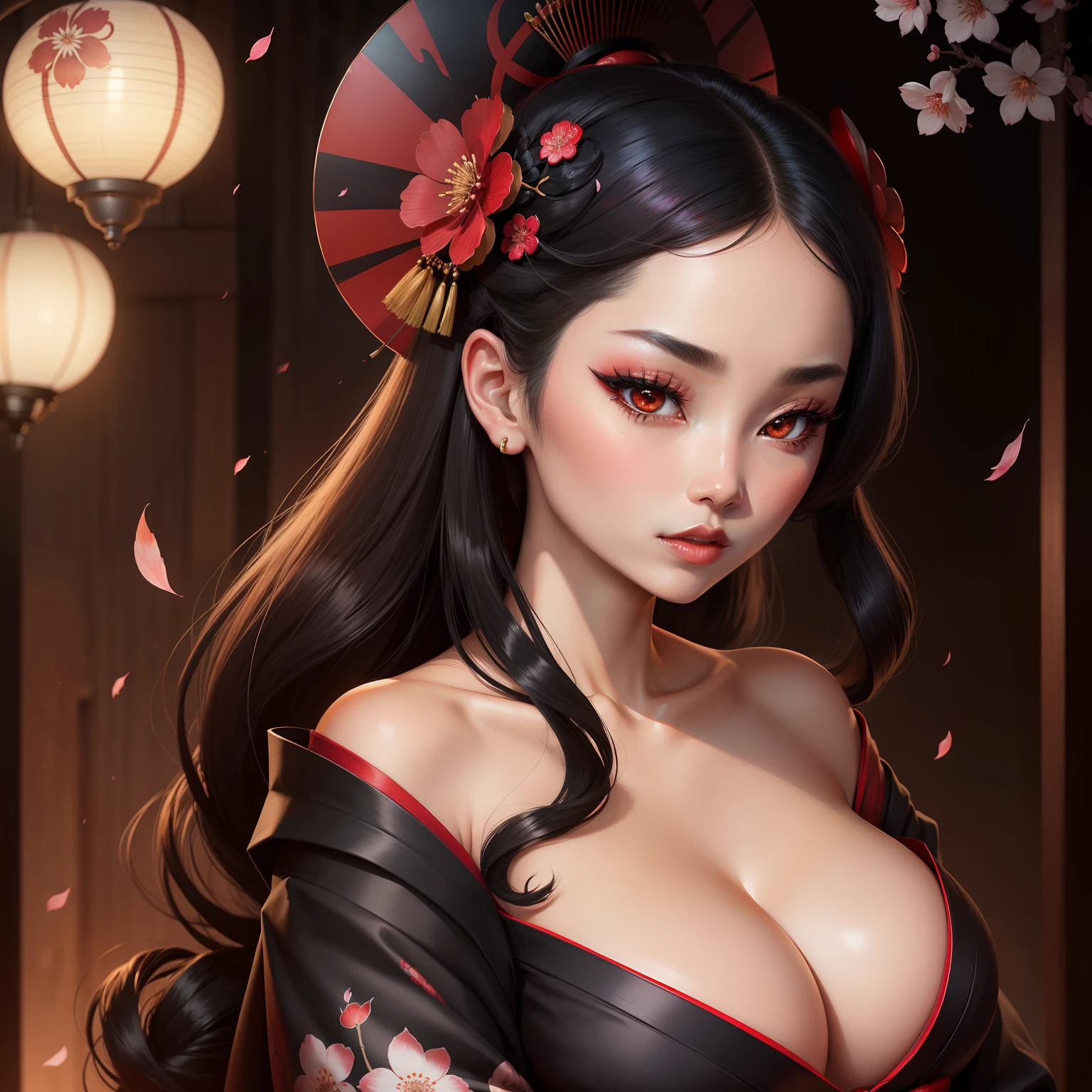 Seductive geisha, wear black kimono, black hair, red moon, brown skinned complexion, cherry blossom on hair, 4k, almond eyes, big lip