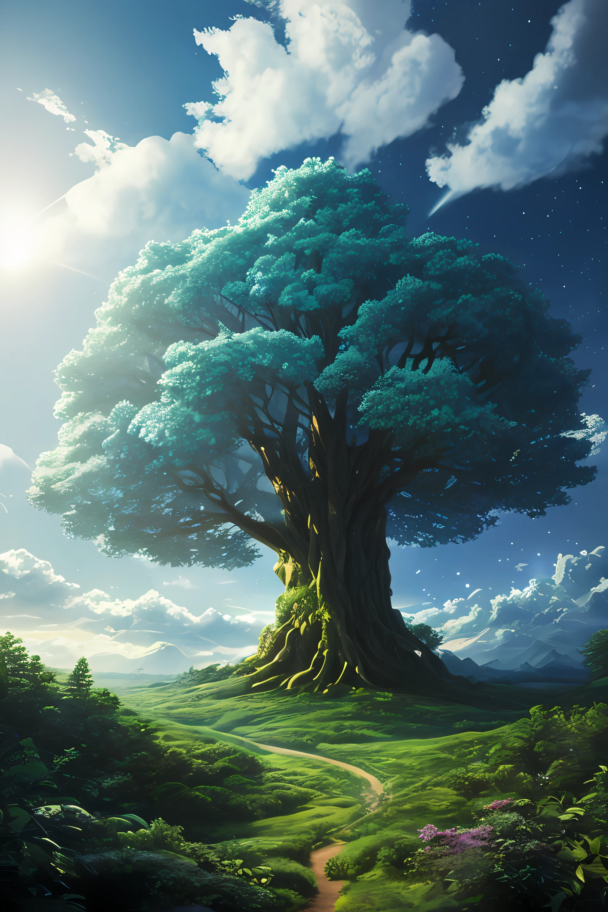 Illustration of a hyperrealistic , otherworldly, ultrasky scene featuring a giant crystal tree full body,very detailed and magical lighting, intricate forest details, vegetation and river around, solarpunk ,landscape, giant tree, beatifull leafy with beautiful lighting and realistic proportions, as if it were a cinematic background, 8k, highest quality, masterpiece, clouds and stars in the sky.