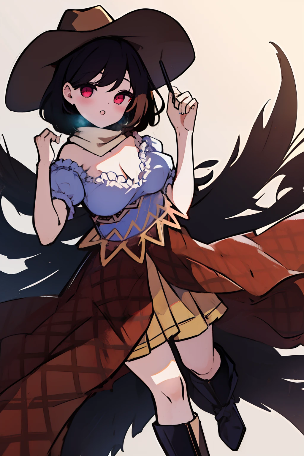 (Obra maestra),La mejor calidad, ojos expresivos, Cara perfecta, 1girl,
Pecho grande, Copa H, buen pecho, Beautiful, splendid,anime,girlish,Lora, Ropa flotante, Cofre de la tienda , nipple visible through clothing,Saki Kurokoma,ojos rojos,cabello negro,pelo corto,Cola de caballo larga,Alas negras,Cola de caballo negra,Brown cowboy hat,Botas marrones,
Camisa a cuadros azul claro,Camisa rosa claro,Brown plaid skirt,Falda naranja claro,hombros,white scarf tied around the neck,Manos en la cintura, manos en las caderas,sonrisa loca,YameroYandere,Yandere,ojos locos,oscuro,ojos brillantes,Cara sombreada,empty eyes