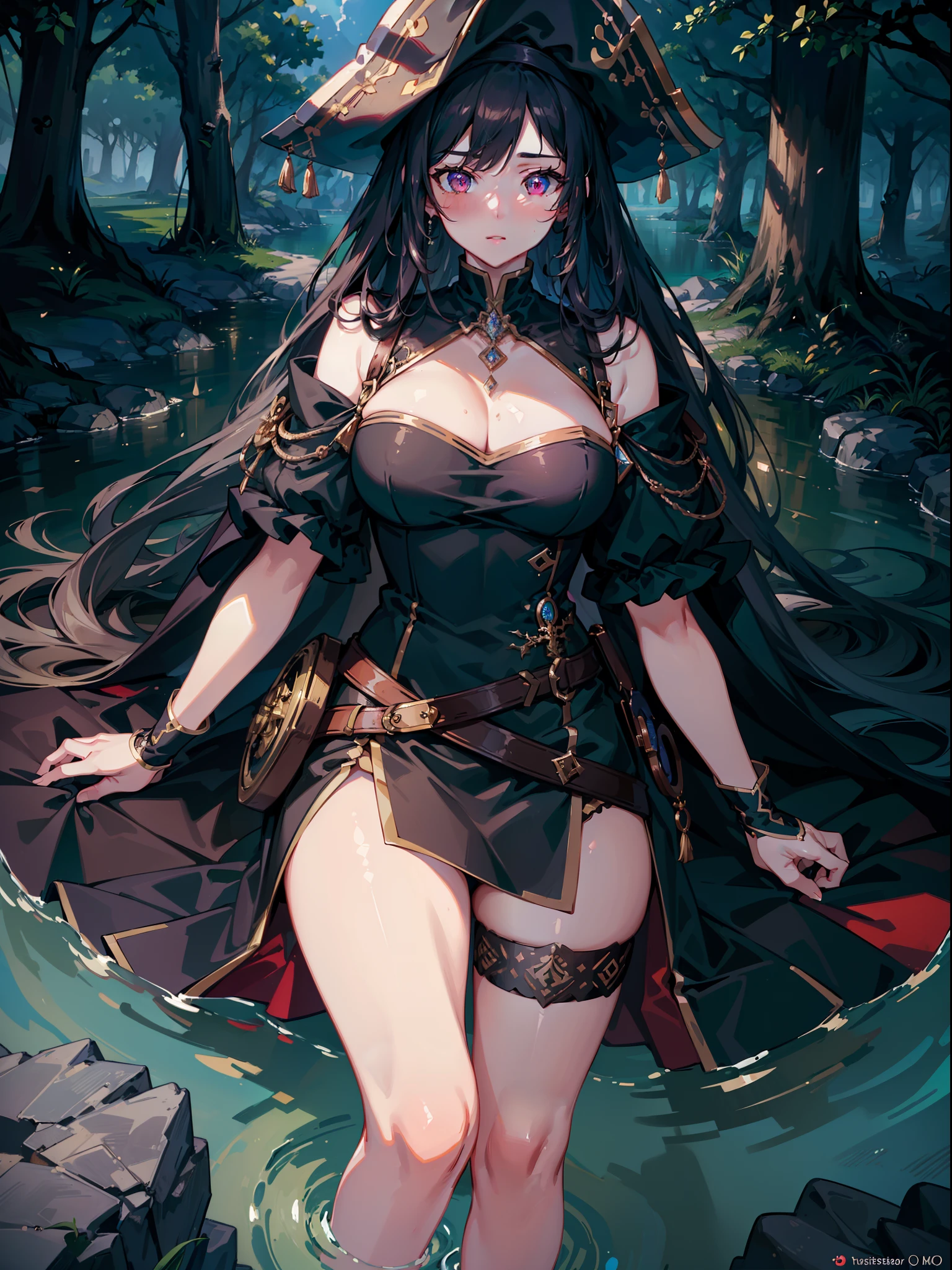 ((masterpiece)), ((best quality)), (ultra-detailed), ((extremely detailed)), 4K, (8K),1 woman, solo, mature, blush ,glowing lights, best quality, pirate, fantasy themed, Full body