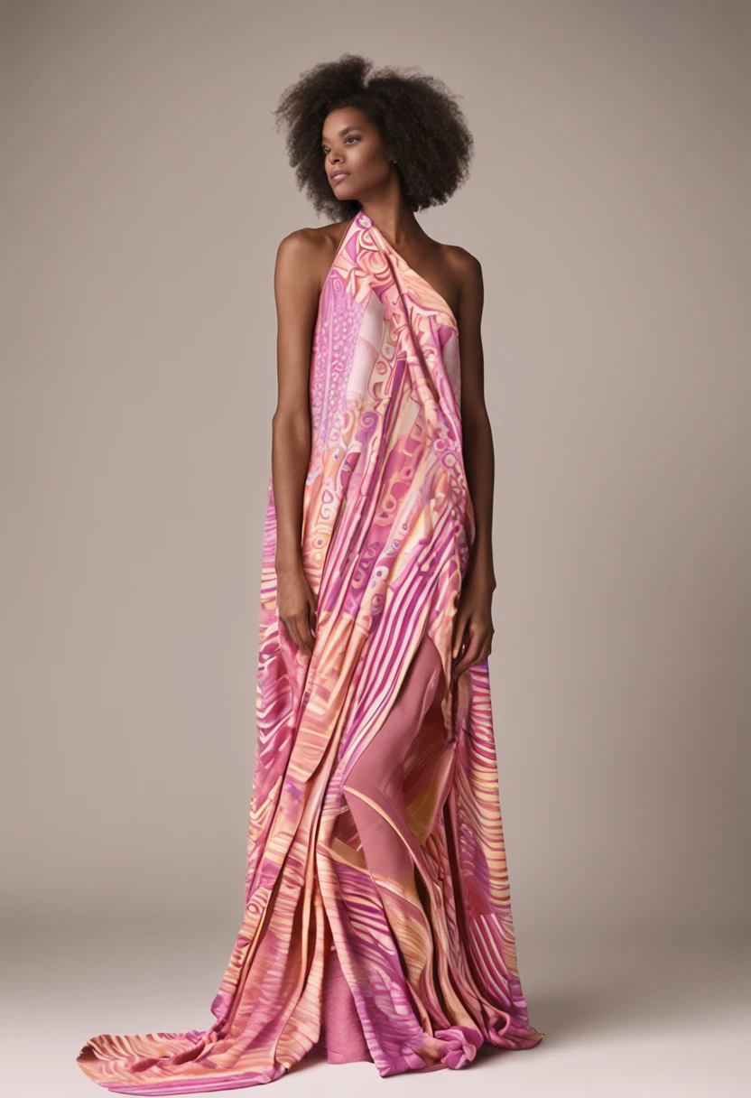 Sobre a cena, one model stands out as the embodiment of the fusion between Ancient Greece and the vibrant energy of modern electronic parties. Dressed in a contemporary interpretation of peplos, Ela usa um curto, draped dress that is made of a soft fabric, providing a sense of fluidity while capturing the night breeze. The dress is a tapestry of neos colors, where sparkling shades of intense pink intertwine with modern-inspired geometric patterns, criando um contraste ousado. The model exudes confidence and vivacity, with a realistic facial expression that conveys a harmonious blend of classical elegance and modernity. Your eyes are protected by futuristic sunglasses, cujas lentes espelhadas refletem a paisagem noturna repleta de luzes pulsantes. The frames of the glasses are stylized, adicionando um toque de vanguarda a todo o conjunto. Entretanto, It is on the feet that the modern touch is most evident: The model sports a pair of contemporary sneakers, Replacing traditional footwear with ancient Greek clothing. These sneakers combine comfort and style, destacando o modernos. His contemporary tunic reinterpreting the chiton is designed to allow for freedom of movement, e uma cintura marcada quase na altura do peito. Electronic party, with lights and a lively crowd in the background,