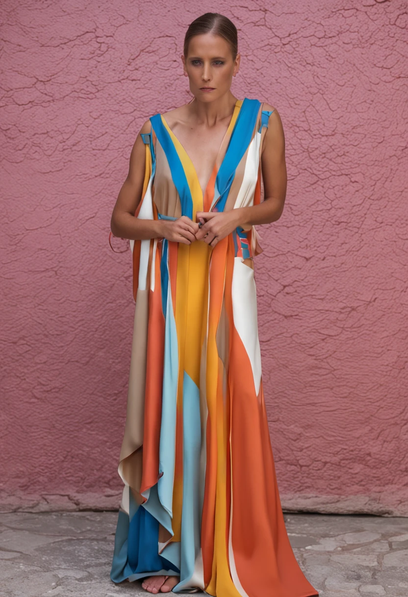 Sobre a cena, one model stands out as the embodiment of the fusion between Ancient Greece and the vibrant energy of modern electronic parties. Dressed in a contemporary interpretation of peplos, Ela usa um curto, draped dress that is made of a soft fabric, providing a sense of fluidity while capturing the night breeze. The dress is a tapestry of neos colors, where sparkling shades of intense pink intertwine with modern-inspired geometric patterns, criando um contraste ousado. The model exudes confidence and vivacity, with a realistic facial expression that conveys a harmonious blend of classical elegance and modernity. Your eyes are protected by futuristic sunglasses, cujas lentes espelhadas refletem a paisagem noturna repleta de luzes pulsantes. The frames of the glasses are stylized, adicionando um toque de vanguarda a todo o conjunto. Entretanto, It is on the feet that the modern touch is most evident: The model sports a pair of contemporary sneakers, Replacing traditional footwear with ancient Greek clothing. These sneakers combine comfort and style, destacando o modernos. His contemporary tunic reinterpreting the chiton is designed to allow for freedom of movement, e uma cintura marcada quase na altura do peito. Electronic party, with lights and a lively crowd in the background,