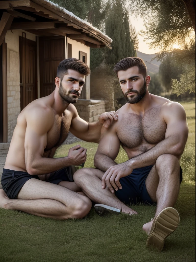 Masterpiece, creat a high resolution Portrait. Ery hairy Druz family young and mature insanely handsome men in a small village as modern turkish soliders, hairy, very masculine men ,traditional, hairy chest, hairy legs, big hands, big feet, druze village, hefty, wisdome, shirtless, trees, exposed, intimate, slim, modeling, weapons, Realistic.