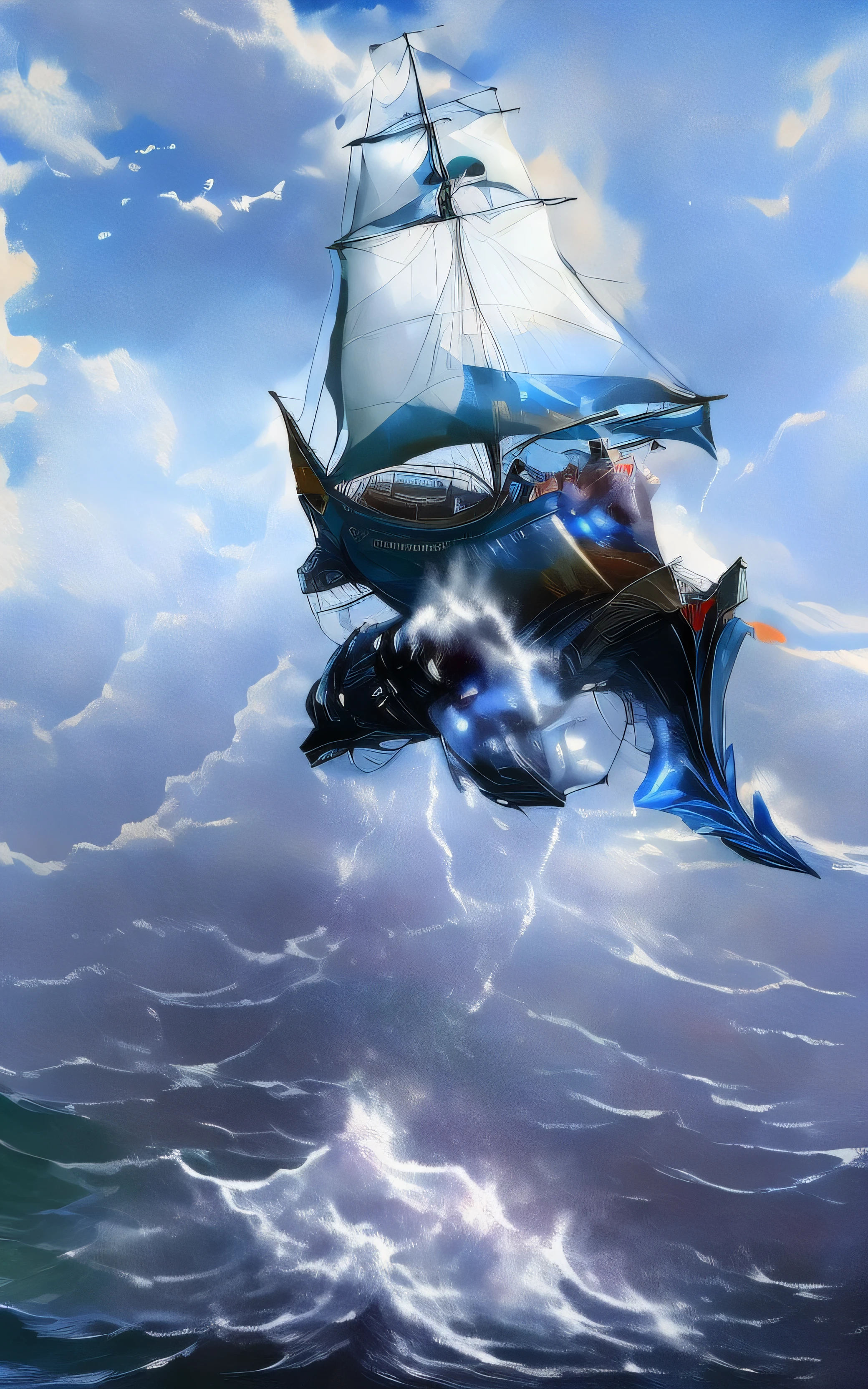 Hermoso barco de vela volando entre nubes multicolores y abajo el mar esmeralda embravecido con enormes olas amenazantes