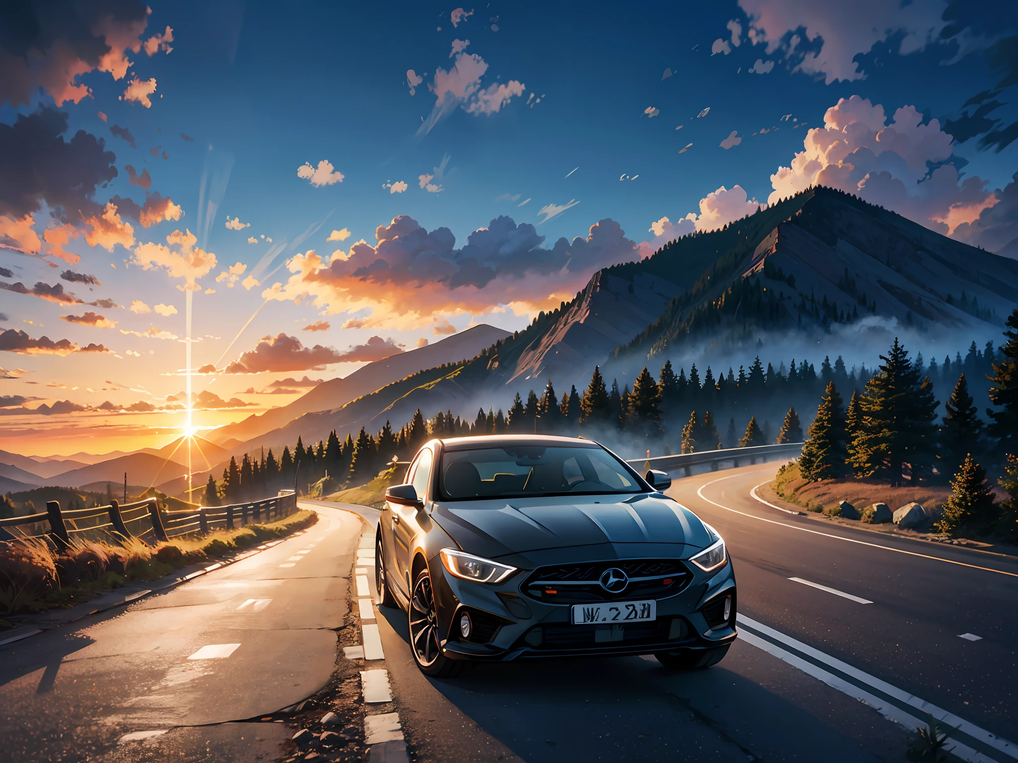 Drive along scenic mountain roads, mountain in background, Motion blur, Cinematic, Sunset, hdr,