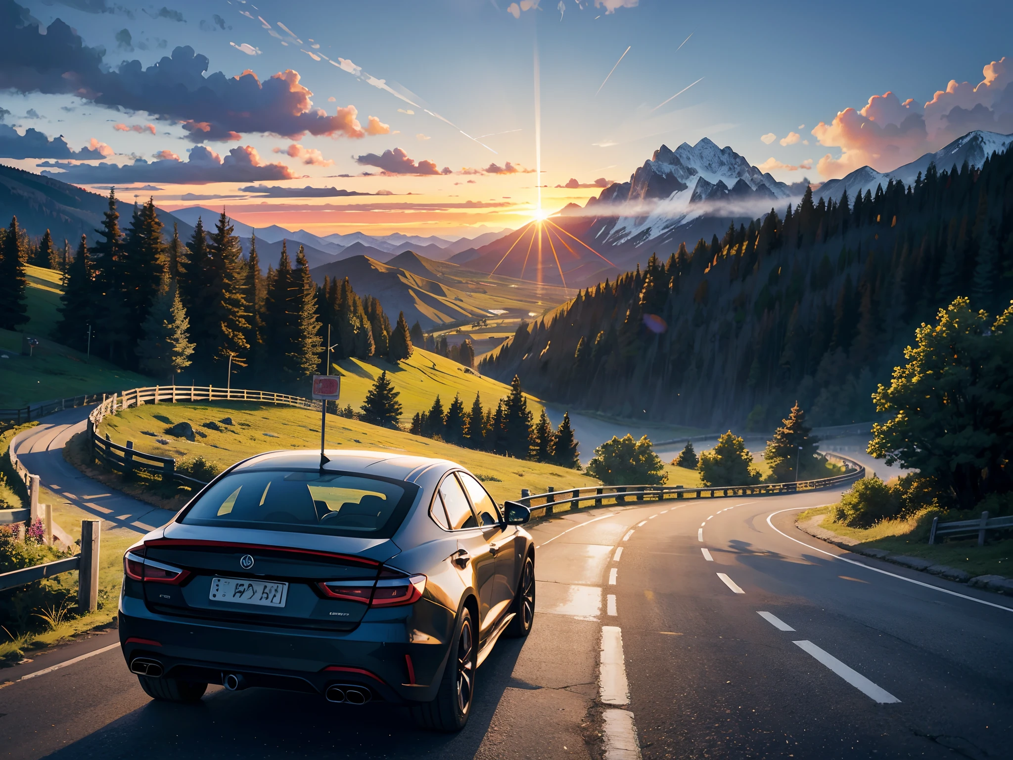 Drive along scenic mountain roads, mountain in background, Motion blur, Cinematic, Sunset, hdr,