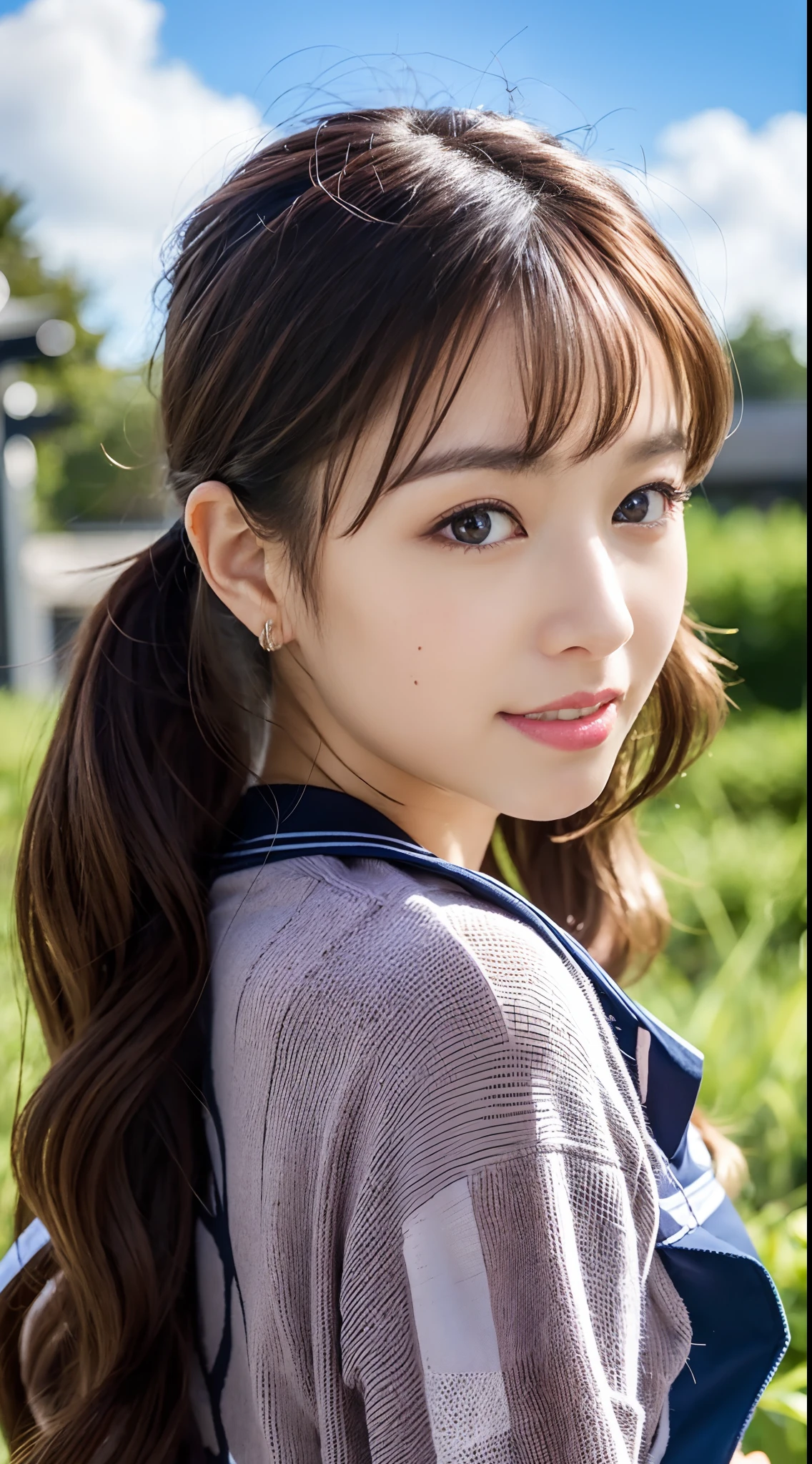 masterpiece、highest quality、8k，Ultra-high resolution、RAW Photos、Ultra-high resolution、日本people、beautiful girl、１people、woman, (Braided top knot,Twisted Side Part Ponytail Braided Headband,Half Up、Braided Space Van,Voluminous fishtail braid,Twisted pan),(Asymmetrical bangs)、 (Ultra-realistic),Round face、 Fine and beautiful eyes、double eyelid、Thin eyebrows、(eye shadow(Shrimp brown))、Rich dreamy make-up、Thin lips, (Loose fitting blouse)、 (Micro Mini Skirt(Pale lemon yellow color))、A kind smile,  Professional photography, Cinematic Light, (Very beautiful face: 1.2),(Large Breasts:1.2)、Saggy breasts、Cleavage、Exposed thighs、Voluptuous thighs、Smooth calves、、daytime office、In front of the computer、sitting in an office chair、Head to knee photo