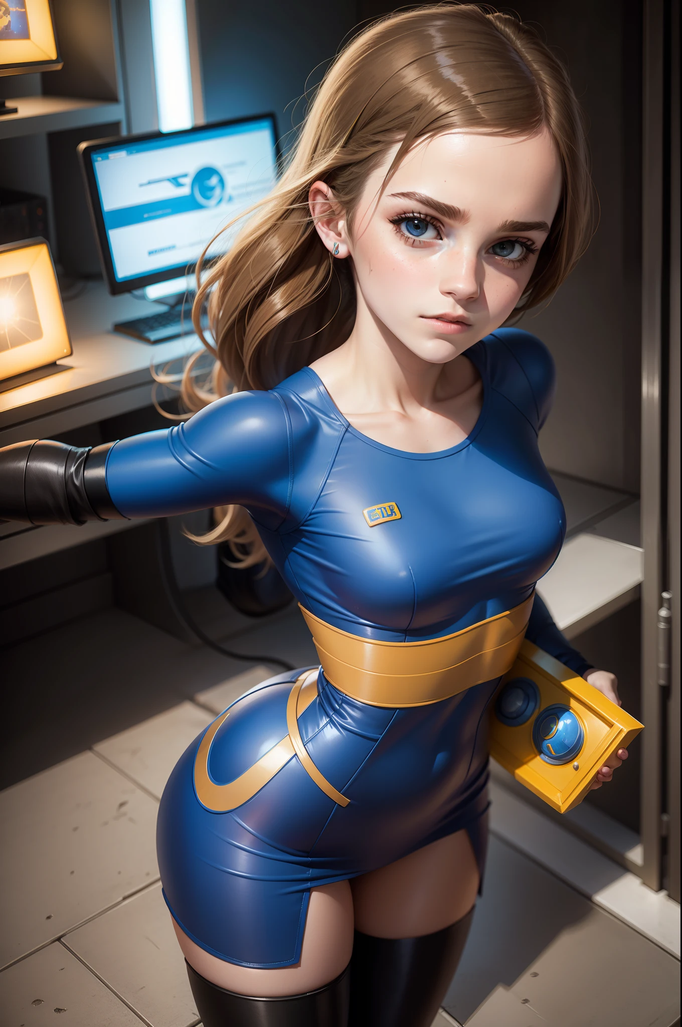 teen emma watson dressed as Mega Man. sci-fi.