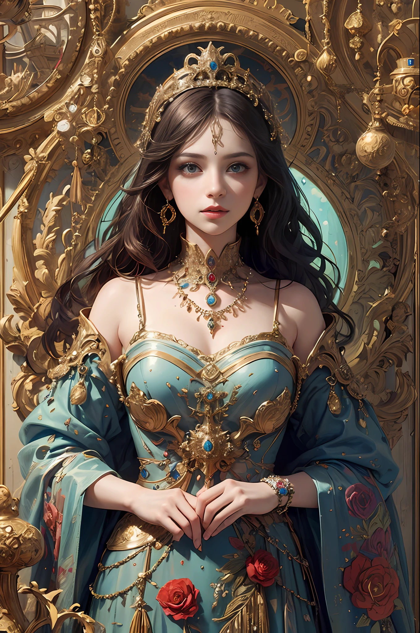 A close up of a woman in a blue dress with a gold crown - SeaArt AI