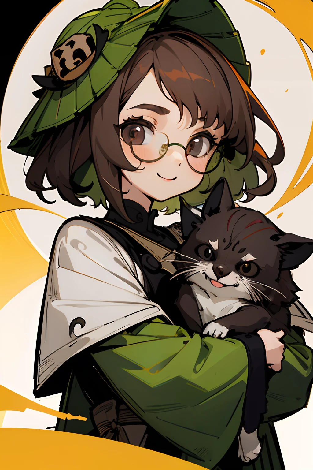 Obra maestra, La mejor calidad, 1girl,hoja en la cabeza,,brown hair,ojos verdes,pelo corto,Orejas de animales,gafas,manga corta,falda roja,Bombacho,Cola de raccon,(fondo gris:1.2), They are smiling