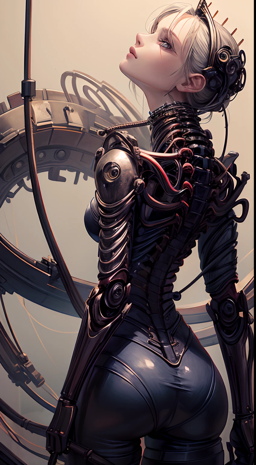 (((Masterpiece))), ((Best Quality)), (Super Detail), (CG Illustration), (Very Evil and Beautiful)), Cinematic Light, ((1 Mechanical Girl)), Single, (Mechanical Art: 1.4), ((Mechanical limb)), (Blood vessel attached to a tube), ((Mechanical spine attached to the back)), ((Mechanical cervical vertebrae attached to the neck), (Back to the viewer)), expressionless, ( Wires and cables attached to the head and body: 1.5), Science Fiction, Apocalypse, Ruins, (Lower Body Integrated with Mechanical Devices), (Blood: 1.5), Cruelty, Absurdity, Eroticism, Fusion with Machines, Doomsday Time, Super Future, Inorganic, Laboratory, Restraint, (Beautiful Indulgence: 1.2), (1 Girl: 1.3), Body Wrapped Around Mechanical Tentacles