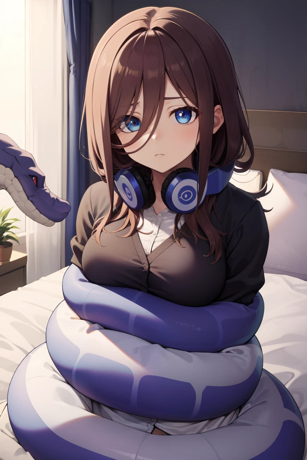 mikunakano, miku nakano, coils, breasts, long hair, bangs, blue eyes, blank eyes, brown hair, shirt, hair between eyes, headphones, cardigan, headphones around neck, snake, bedroom,