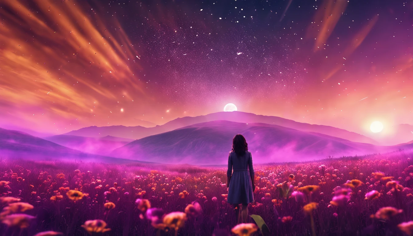 expansive landscape photograph , (a view from below that shows sky above and open field below), a girl standing on flower field looking up, (full moon:1.2), ( shooting stars:0.9), (nebula:1.3), distant mountain, tree BREAK
production art, (warm light source:1.2), (Firefly:1.2), lamp, lot of purple and orange, intricate details, volumetric lighting, realism BREAK
(masterpiece:1.2), (best quality), 4k, ultra-detailed, (dynamic composition:1.4), highly detailed, colorful details,( iridescent colors:1.2), (glowing lighting, atmospheric lighting), dreamy, magical, (solo:1.2)