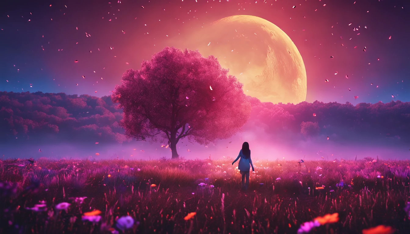 expansive landscape photograph , (a view from below that shows sky above and open field below), a girl standing on flower field looking up, (full moon:1.2), ( shooting stars:0.9), (nebula:1.3), distant mountain, tree BREAK
production art, (warm light source:1.2), (Firefly:1.2), lamp, lot of purple and orange, intricate details, volumetric lighting, realism BREAK
(masterpiece:1.2), (best quality), 4k, ultra-detailed, (dynamic composition:1.4), highly detailed, colorful details,( iridescent colors:1.2), (glowing lighting, atmospheric lighting), dreamy, magical, (solo:1.2)