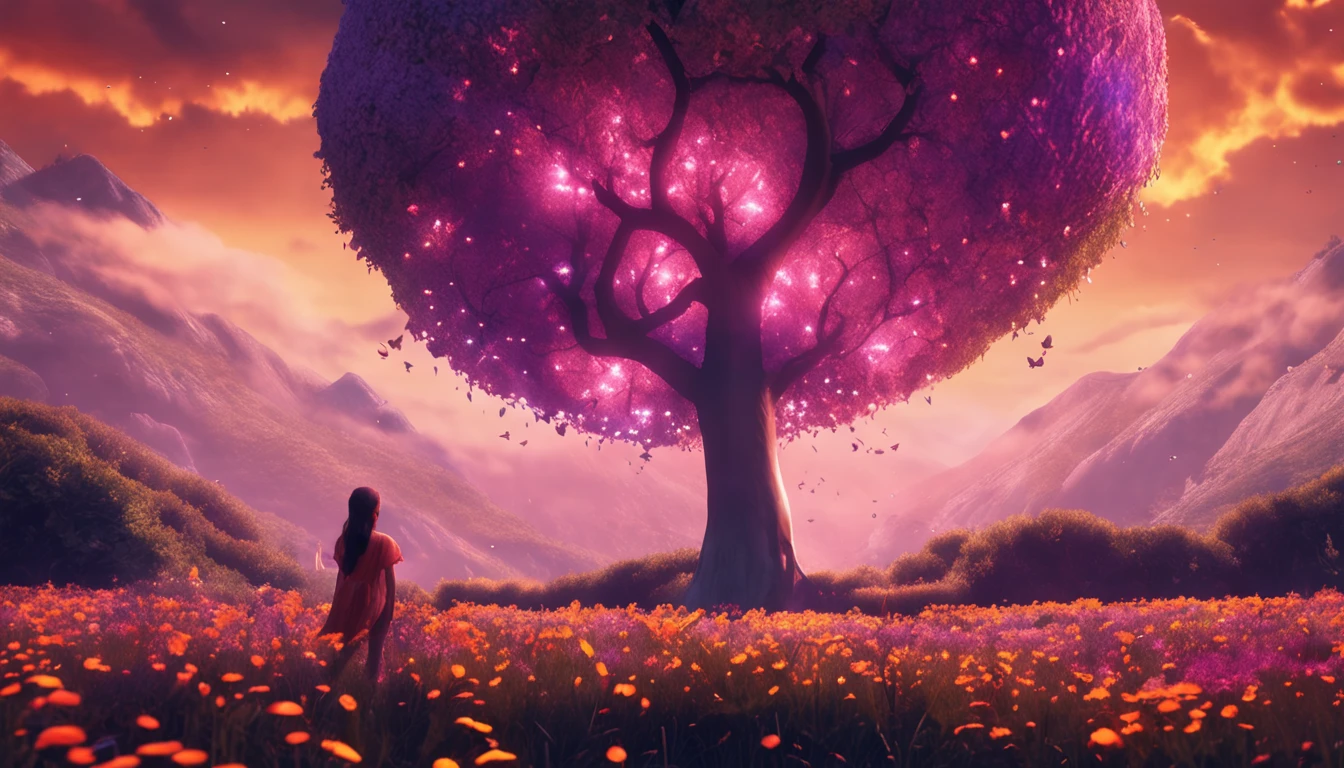 expansive landscape photograph , (a view from below that shows sky above and open field below), a girl standing on flower field looking up, (full moon:1.2), ( shooting stars:0.9), (nebula:1.3), distant mountain, tree BREAK
production art, (warm light source:1.2), (Firefly:1.2), lamp, lot of purple and orange, intricate details, volumetric lighting, realism BREAK
(masterpiece:1.2), (best quality), 4k, ultra-detailed, (dynamic composition:1.4), highly detailed, colorful details,( iridescent colors:1.2), (glowing lighting, atmospheric lighting), dreamy, magical, (solo:1.2)
