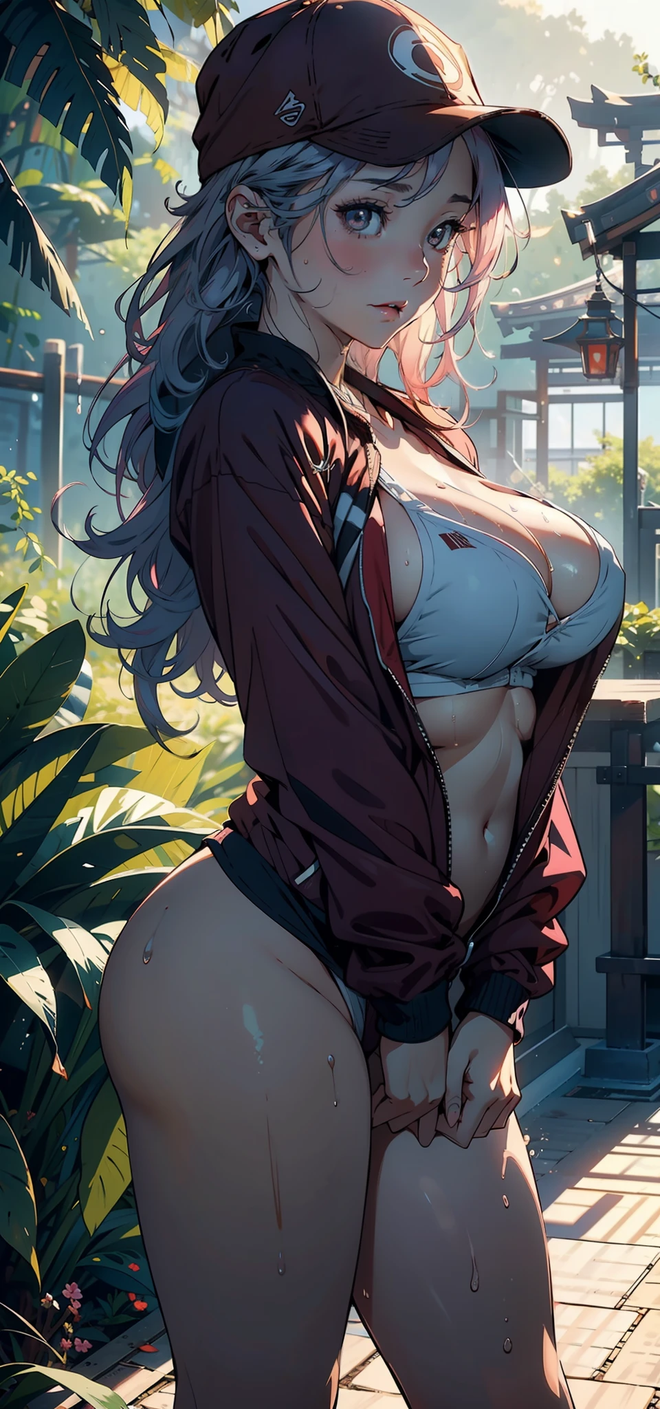 1female,,bit girl,Lori huge breasts cleavage,super adorable,flatchest,Pornographic exposure, 独奏,(Background with:ln the forest,the rainforest,in summer) She has long pink hair,Headband with baseball cap,standing on your feet,Sweat profusely,drenched all over the body,seen from the front, curlies, mostly cloudy sky,(((tmasterpiece),(Very detailed CG unity 8K wallpaper),best qualtiy,cinmatic lighting,detailed back ground,beatiful detailed eyes,Bright pupils,(Very fine and beautiful),(Beautiful and detailed eye description),ultra - detailed,tmasterpiece,)),facing at camera,A high resolution,ultra - detailed),,revealing breasts,Bare genitalia, Bulge,Camel toes,Raised sexy,Flushed complexion,Open-mouthed,frontage,Japan Elementary School Girl(Wearing:Red baseball jacket,Black jumpsuits)