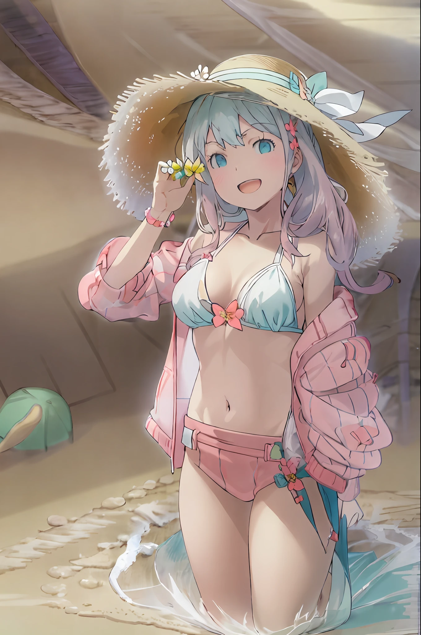 Best Quality, (masutepiece:1.2),  And spring sand-fog, Highly detailed,
Outdoors, day, Sun'rays, Beach, Sand, ocean,

1 girl in, Solo,Upper body, from the front side, Looking at the viewer, Open mouth, Smile,
Grey Hair, Side Ponytail, multicolored hair, Blue eyes, Small breasts,
Sun hat, hat flower, PINK Bikini, frilld, 鎖骨, Light green jacket, Open jacket