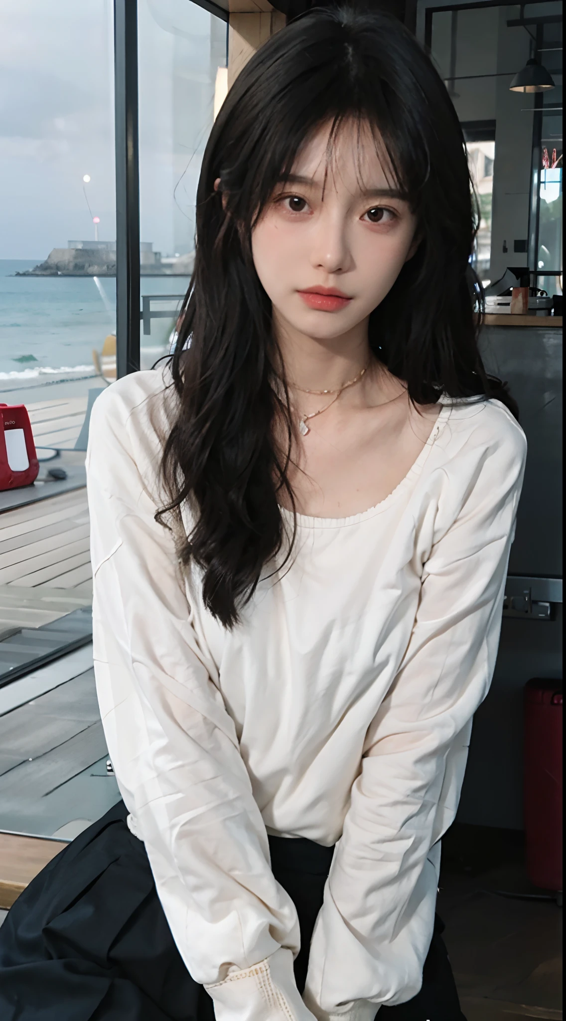 best qualtiy， 超高分辨率， （realisticlying：1.4），cute hairpin，1girll，Red long-haired,Six o'clock sweater ，Beautiful woman with a slim figure:1.4, Pronounced abs，On the sandy beach,Ultra-fine face，Elaborate Eyes，二重まぶた，choker necklace