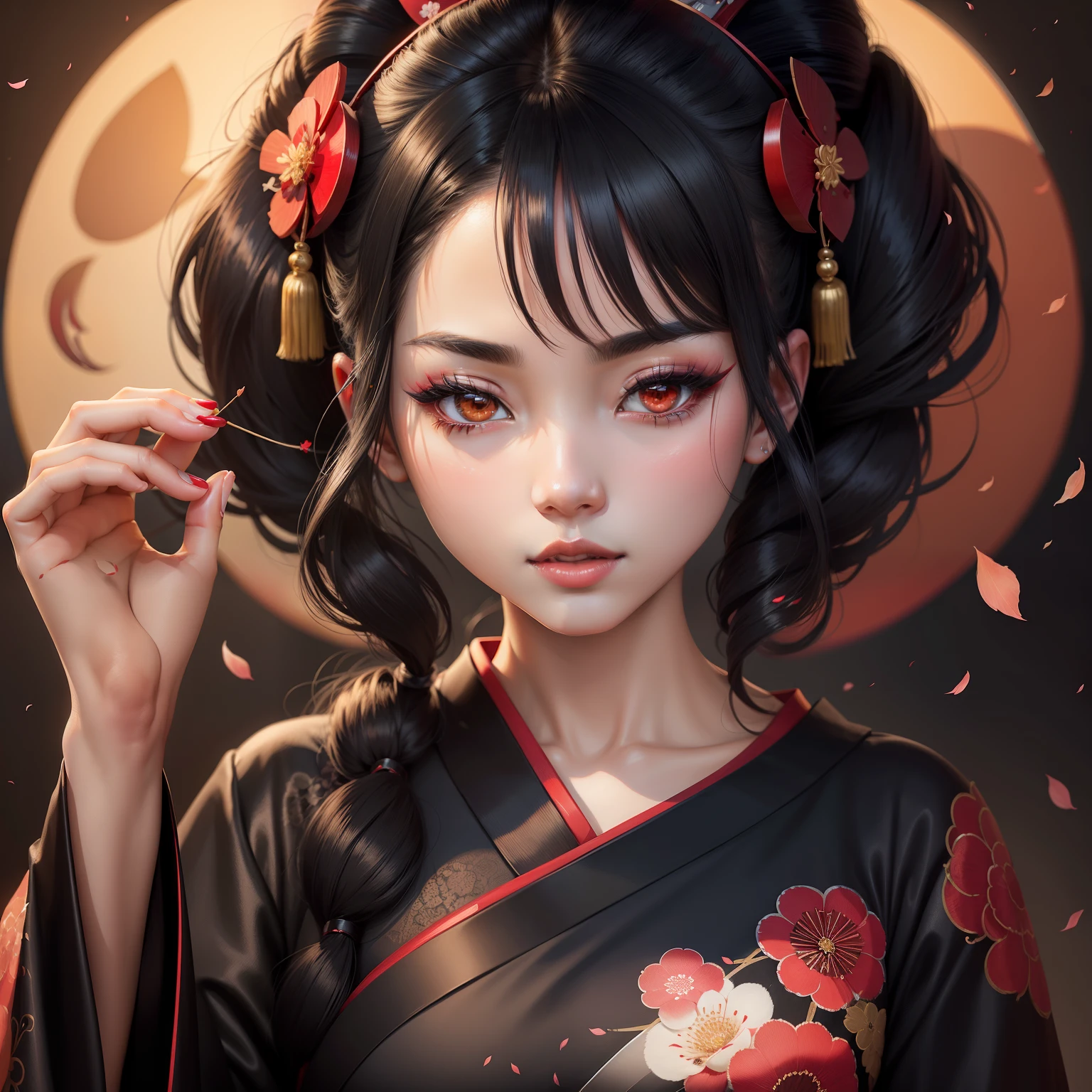 Seductive geisha, wear black kimono, black hair, red moon, dark brown skinned complexion, cherry blossom on hair, 4k, almond eyes, big lip, logo, heart shape face