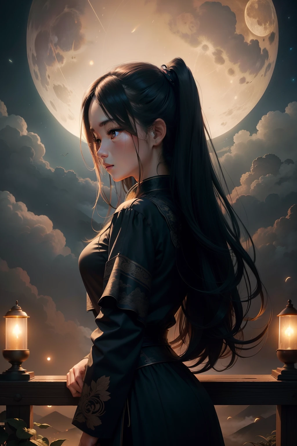 Masterpiece, best quality, night, hills, clouds, full moon, long hair, woman, silhouette, firefly. Chinese style, simple, quadratic