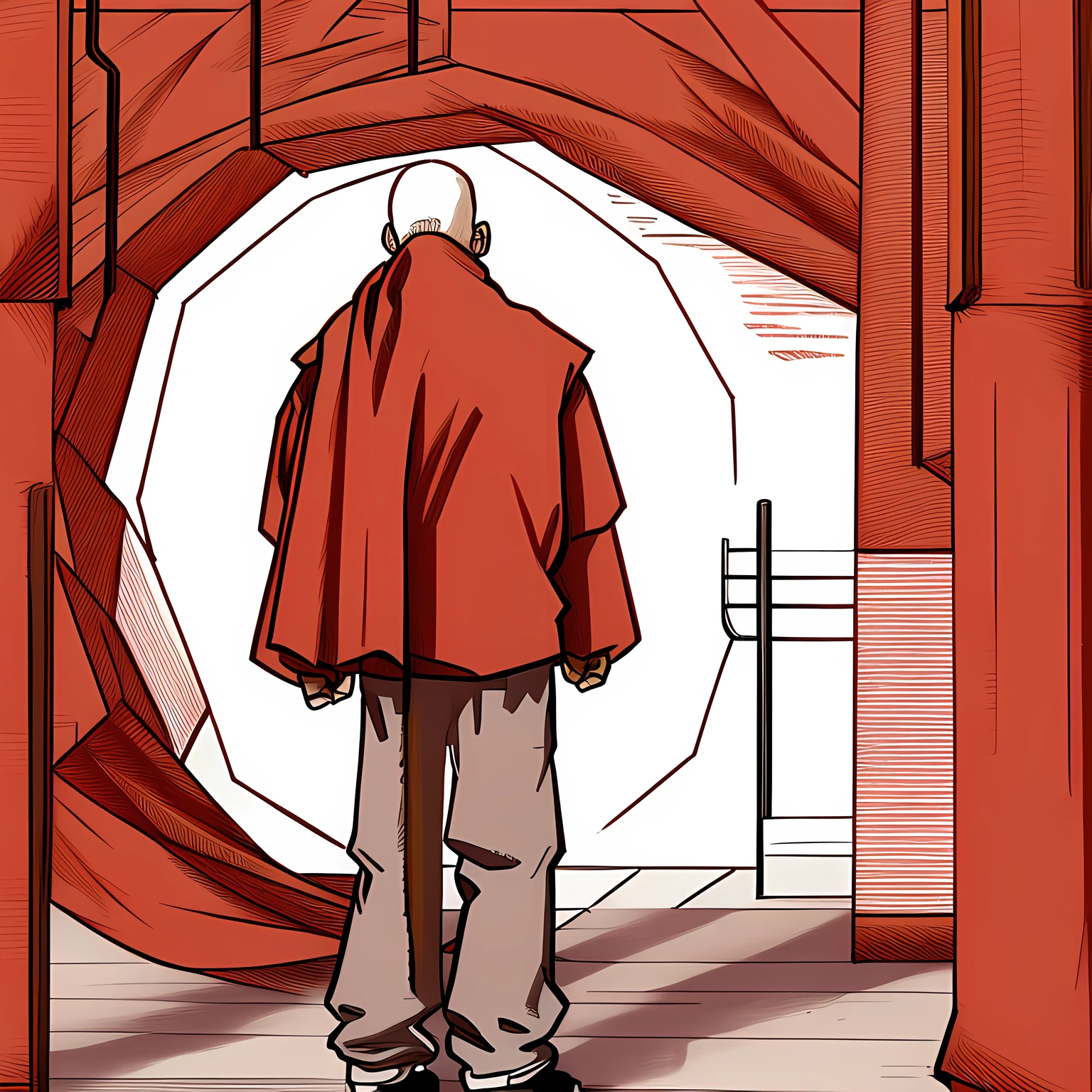 Illustration: A bald man with his back to the camera wearing it wrapped in red cloths, white tiger on leash