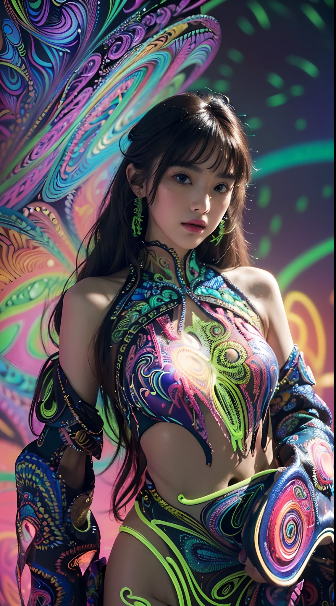 (masterpiece, top quality, best quality, official art, beautiful and aesthetic:1.2), (1girl:1.3), extremely detailed,(fractal art:1.2),colorful,highest detailed,( zentangle neon:1.2), (dynamic pose), (abstract background neon:1.5), (treditional dress:1.2), (shiny skin), (many colors:1.4), upper body ,Neon,16K,Full HD