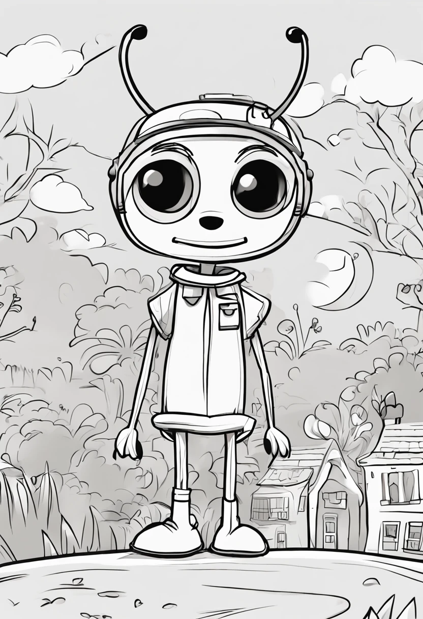 Adorable ant for children's drawing. It has a round head and large bright black eyes. Your body is cute, comprido e de cor cinza-escuro. Tem antenas grandes e usa um vestido rosa com um sapato branco. Possui uma mochila colorida que ela sempre carrega junto.
