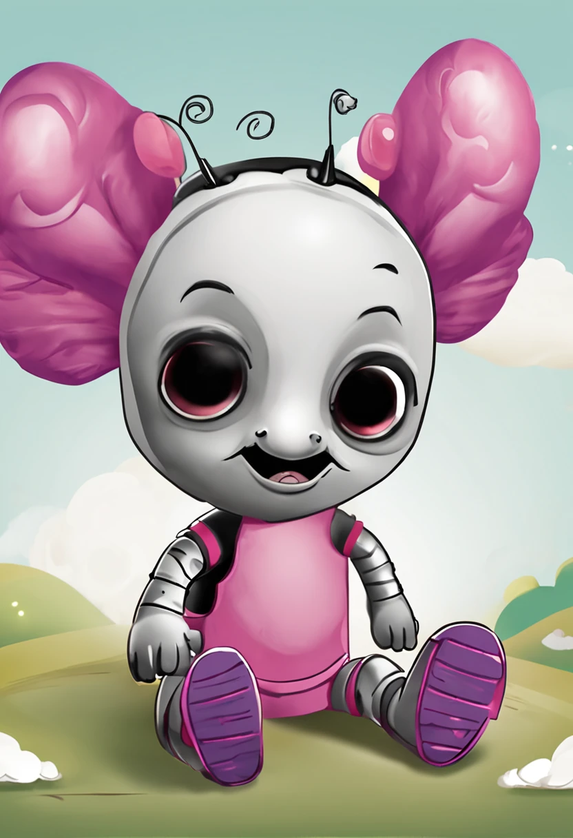 Adorable ant for children's drawing. It has a round head and large bright black eyes. Your body is cute, comprido e de cor cinza-escuro. Tem antenas grandes e usa um vestido rosa com um sapato branco. Possui uma mochila colorida que ela sempre carrega junto.