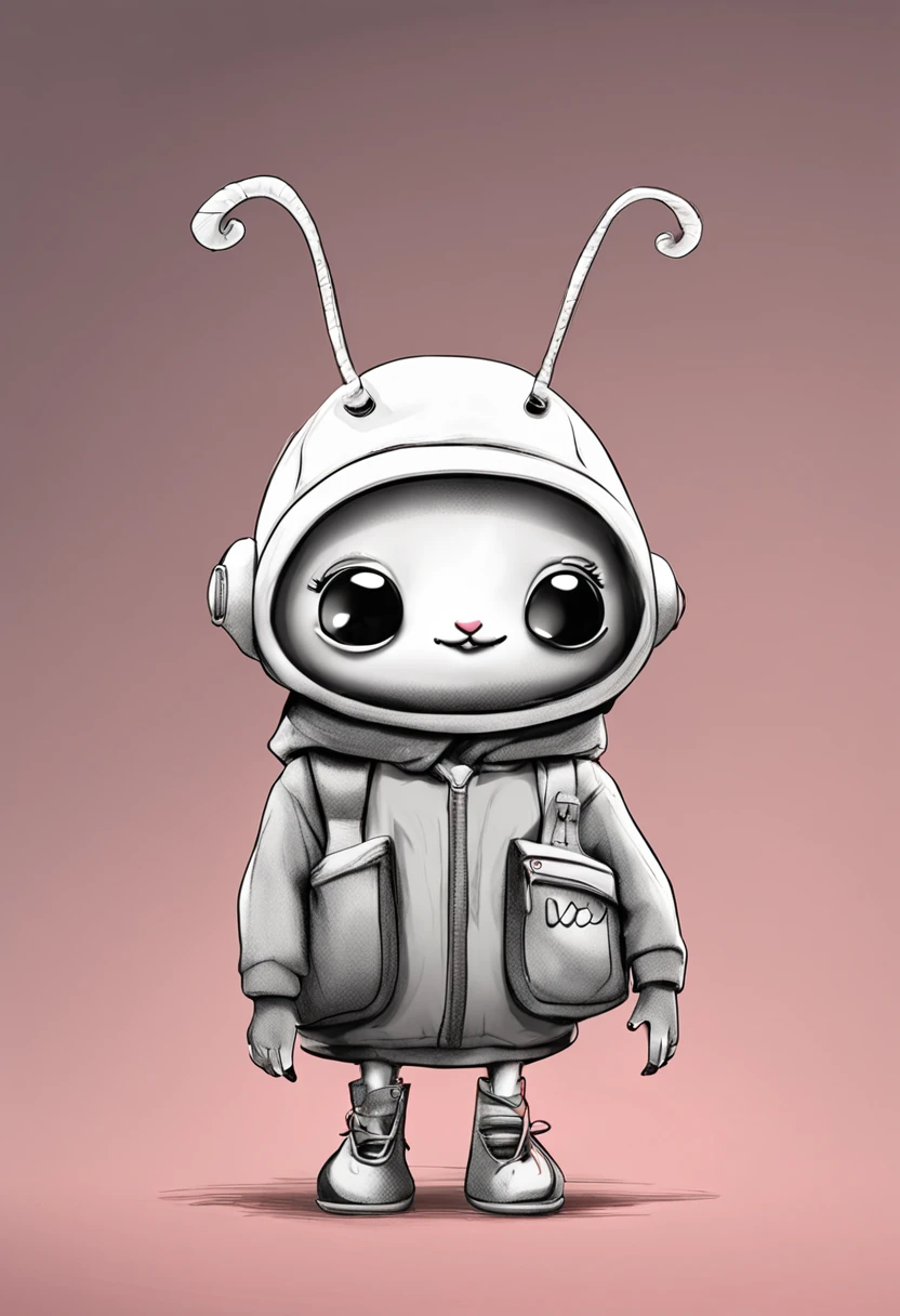 Adorable ant for children's drawing. It has a round head and large bright black eyes. Your body is cute, comprido e de cor cinza-escuro. Tem antenas grandes e usa um vestido rosa com um sapato branco. Possui uma mochila colorida que ela sempre carrega junto.