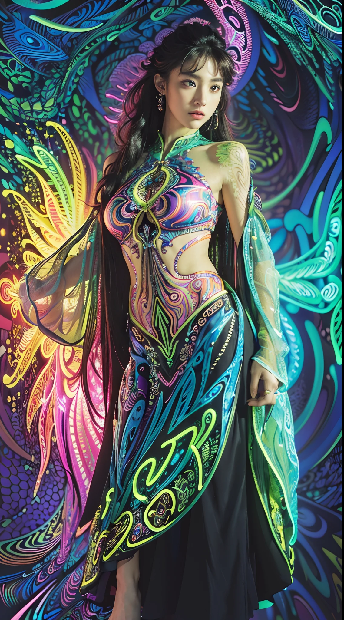 (masterpiece, top quality, best quality, official art, beautiful and aesthetic:1.2), (1girl:1.3), extremely detailed,(fractal art:1.2),colorful,highest detailed,( zentangle neon:1.2), (dynamic pose), (abstract background neon:1.5), (treditional dress:1.2), (shiny skin), (many colors:1.4), upper body ,Neon,16K,Full HD