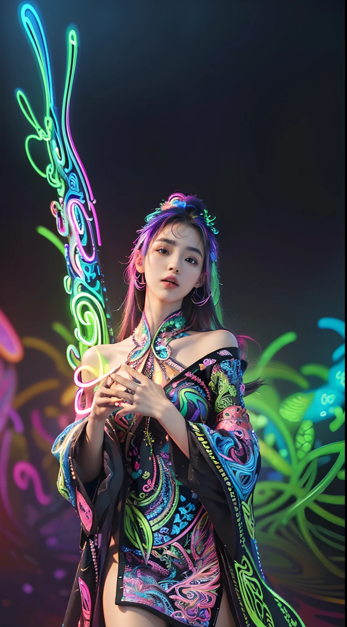 (masterpiece, top quality, best quality, official art, beautiful and aesthetic:1.2), (1girl:1.3), extremely detailed,(fractal art:1.2),colorful,highest detailed,( zentangle neon:1.2), (dynamic pose), (abstract background neon:1.5), (treditional dress:1.2), (shiny skin), (many colors:1.4), upper body ,Neon,16K,Full HD