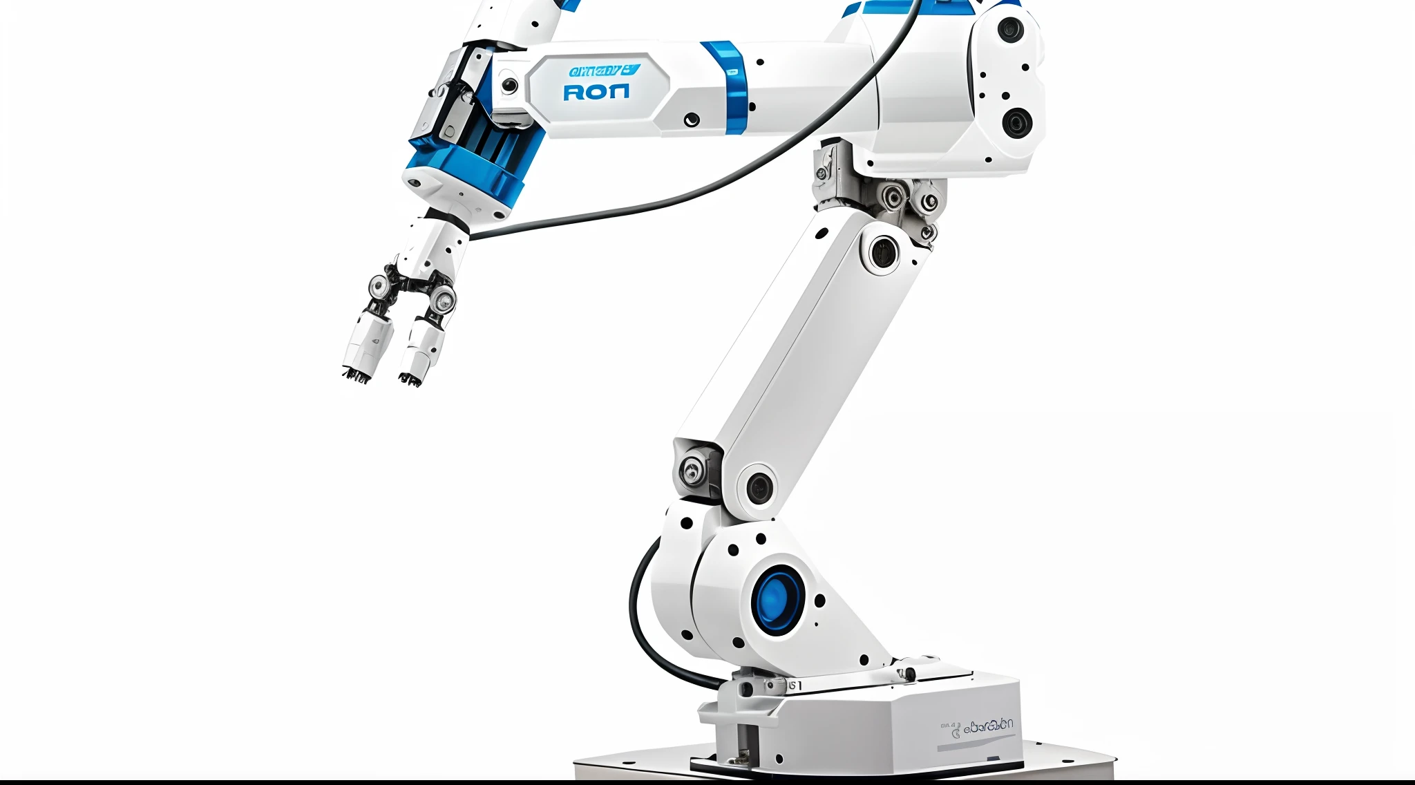 Un primer plano de un robot sobre una superficie blanca con un cable, robotic arm, Robot industrial, robotic arm, Realistic robotic machinery, robot arms, with a robotic arm, Extended robotic arms, Robot under construction, Robots industriales, with robotic arms, Robotic outstretched arms, robot arms, Robotic Platform, un brazo del cuerpo del robot, robotic, robotic left arm, Mechanical-arm