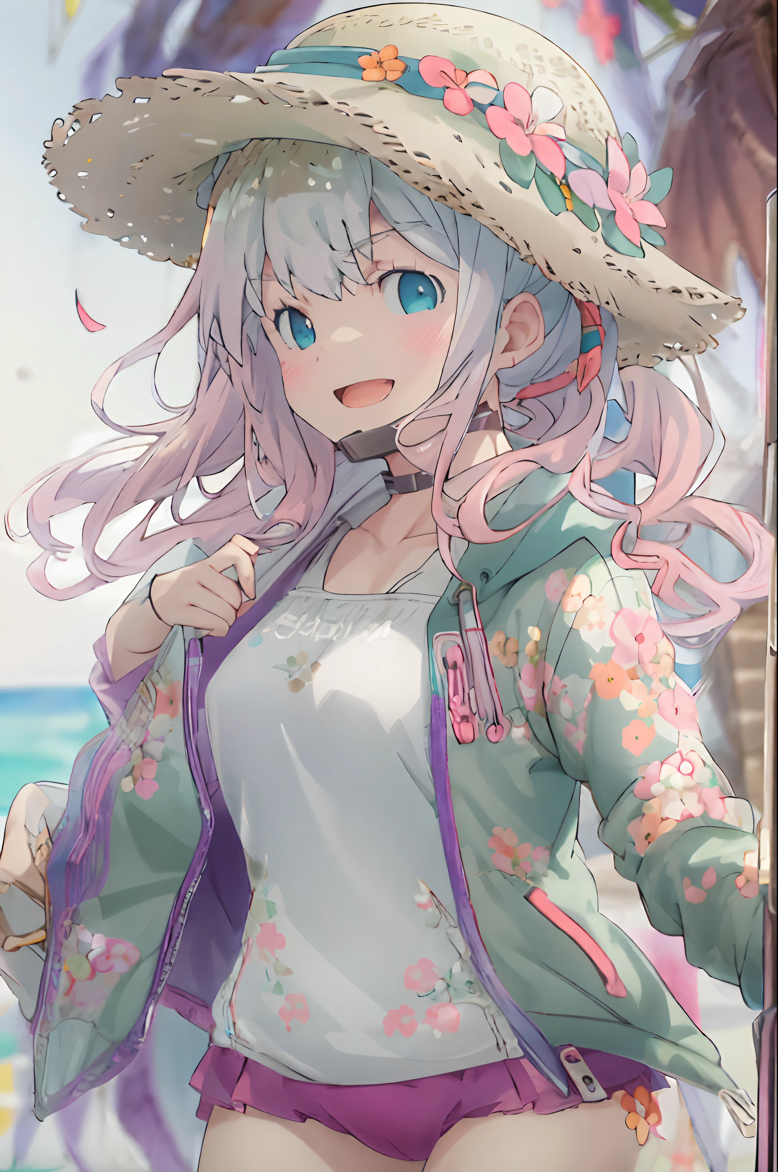 Best Quality, (masutepiece:1.2),  And spring sand-fog, Highly detailed,
Outdoors, day, Sun'rays, Beach, Sand, ocean,

1 girl in, Solo,Upper body, from the front side, Looking at the viewer, Open mouth, Smile,
Grey Hair, Side Ponytail, multicolored hair, Blue eyes, Small breasts,
Sun hat, hat flower, PINK Bikini, frilld, 鎖骨, Light green jacket, Open jacket