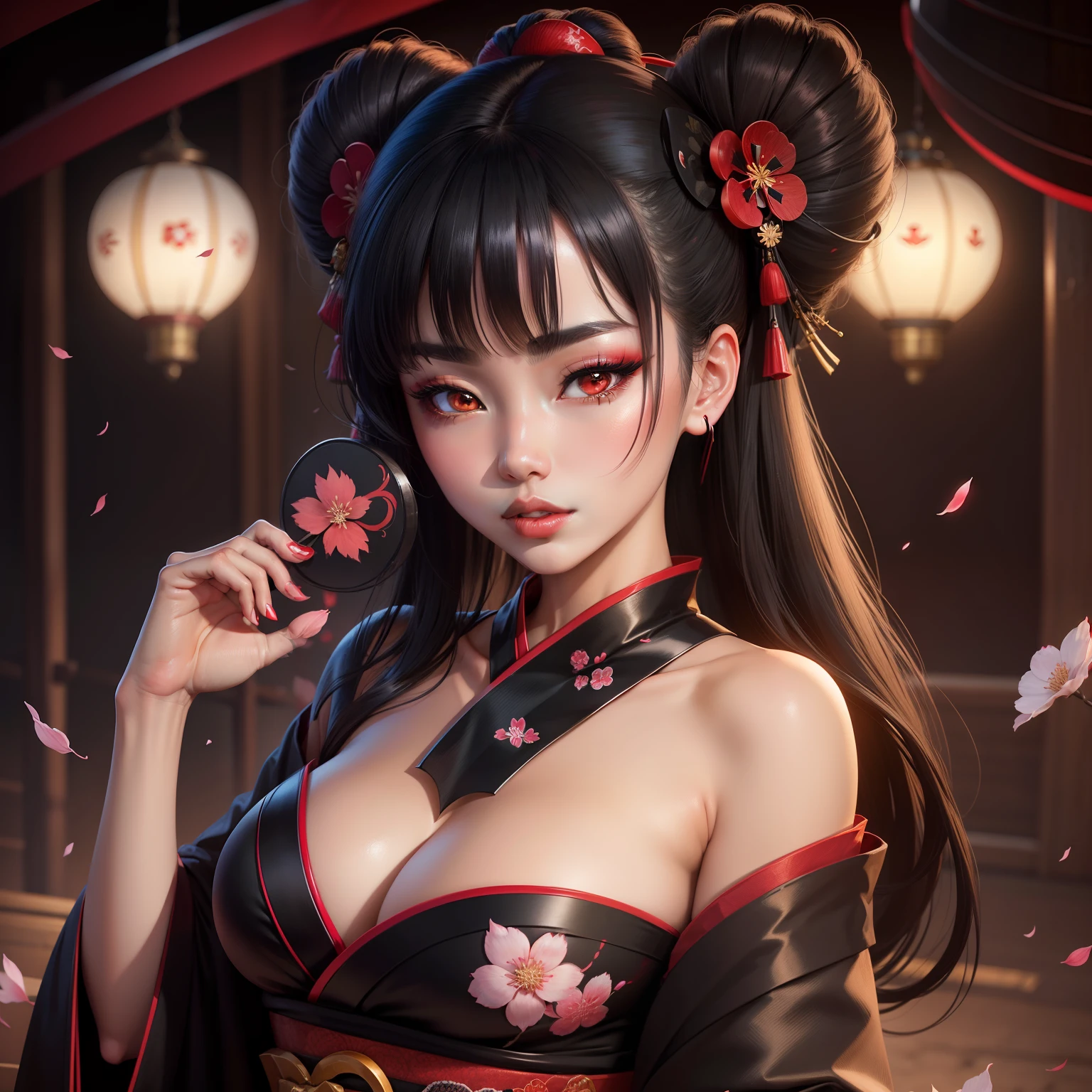 Seductive geisha, wear black kimono, black hair, red moon, dark brown skinned complexion, cherry blossom on hair, 4k, almond eyes, big lip, logo, heart shape face